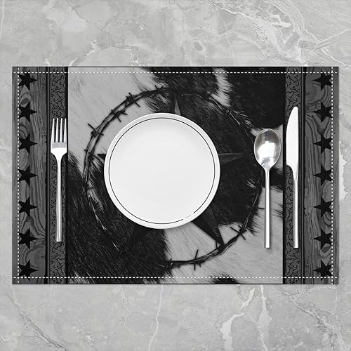 Miniatura 2 de Manteles individuales con estampado de piel de vacuno de 12 x 18 pulgadas, diseño retro de pentagrama, geométrico, lavables, fáciles de limpiar,