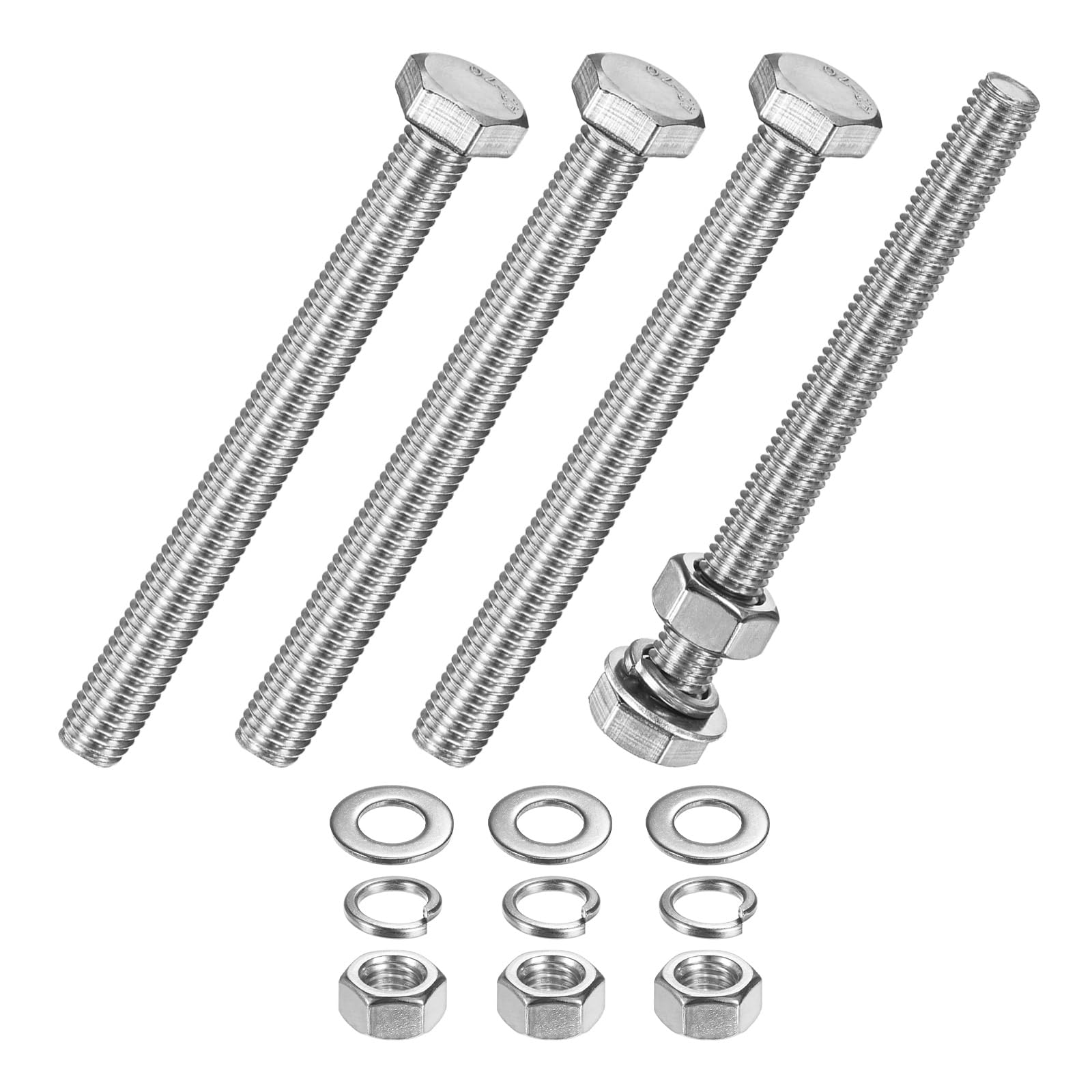 M METERXITY 4-Pack Hex Head Screw Bolt with Nuts Flat & Lock Washers M10x110mm Stainless Steel Bolts and Nuts Kit Fully Threaded Metric Bolt Assortment for Equipment/Machinery