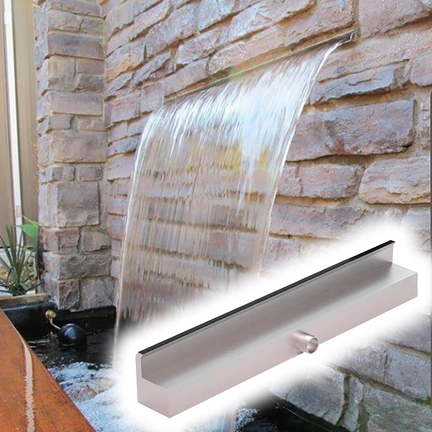 Professional Sheer Descent Waterfall Spillway, 12'' 24'' 36'' 48'' Adjustable Size, Pump-Free, 316 Stainless Steel Connector for Pond Water Features, 35 cm/14 in Length.