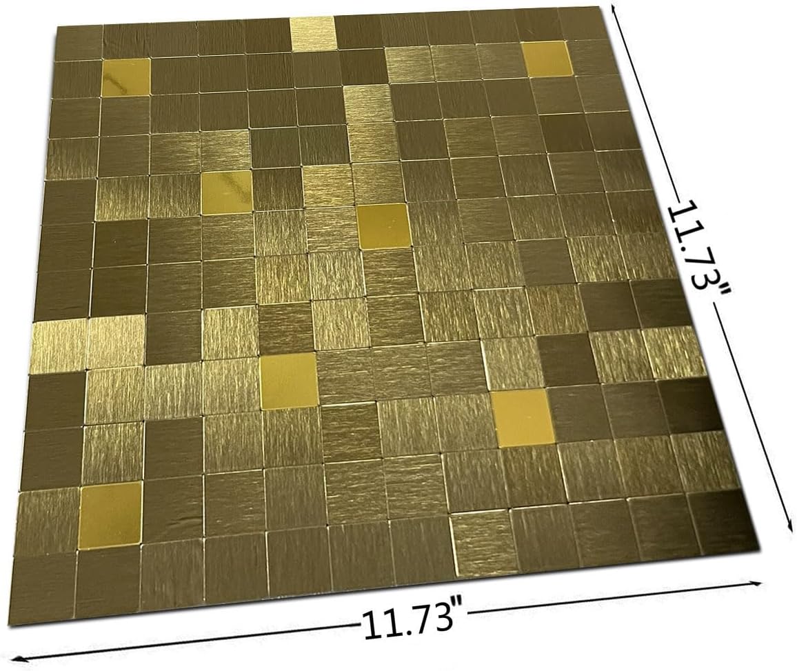 WEIMEISC 10 Sheets Peel and Stick Backsplash Tile for Kitchen, Self-Adhesive Mosaic Tile, Stick on Bathroom Vanities，Fireplace Décor, Laundry Table(11.81" X 11.81") (Brushed Gold+Golden Mirror, 10)