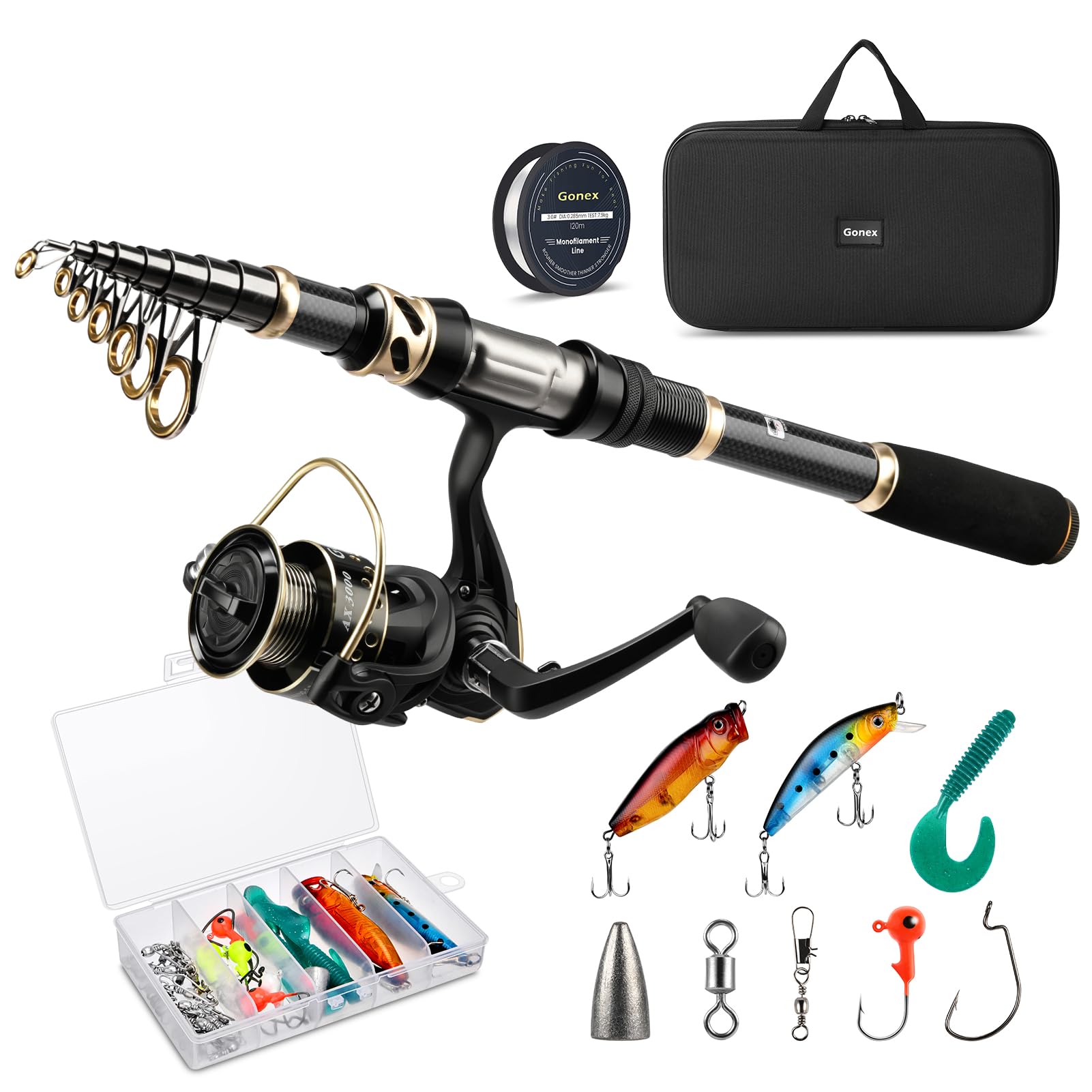Gonex Teleskop-Angelrute und Rollen-Set mit Angelschnur, Angelköder-Set und Zubehör und Tragetasche für Salzwasser und Süßwasser
