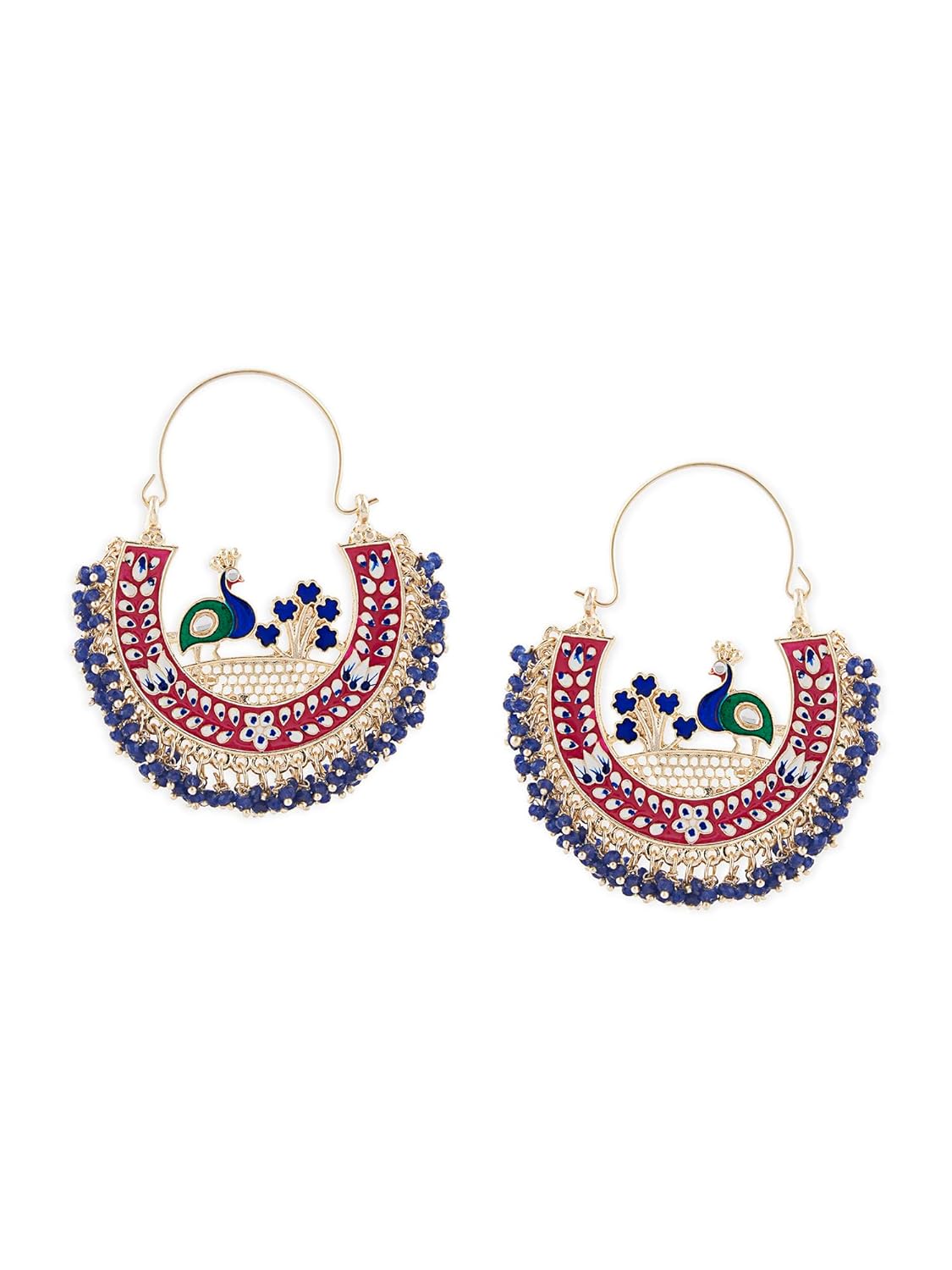 Zaveri Pearls Multicolor Meenakari Peacock Inspired Cresent Yellow Gold Hoop Earrings For Women-ZPFK14626