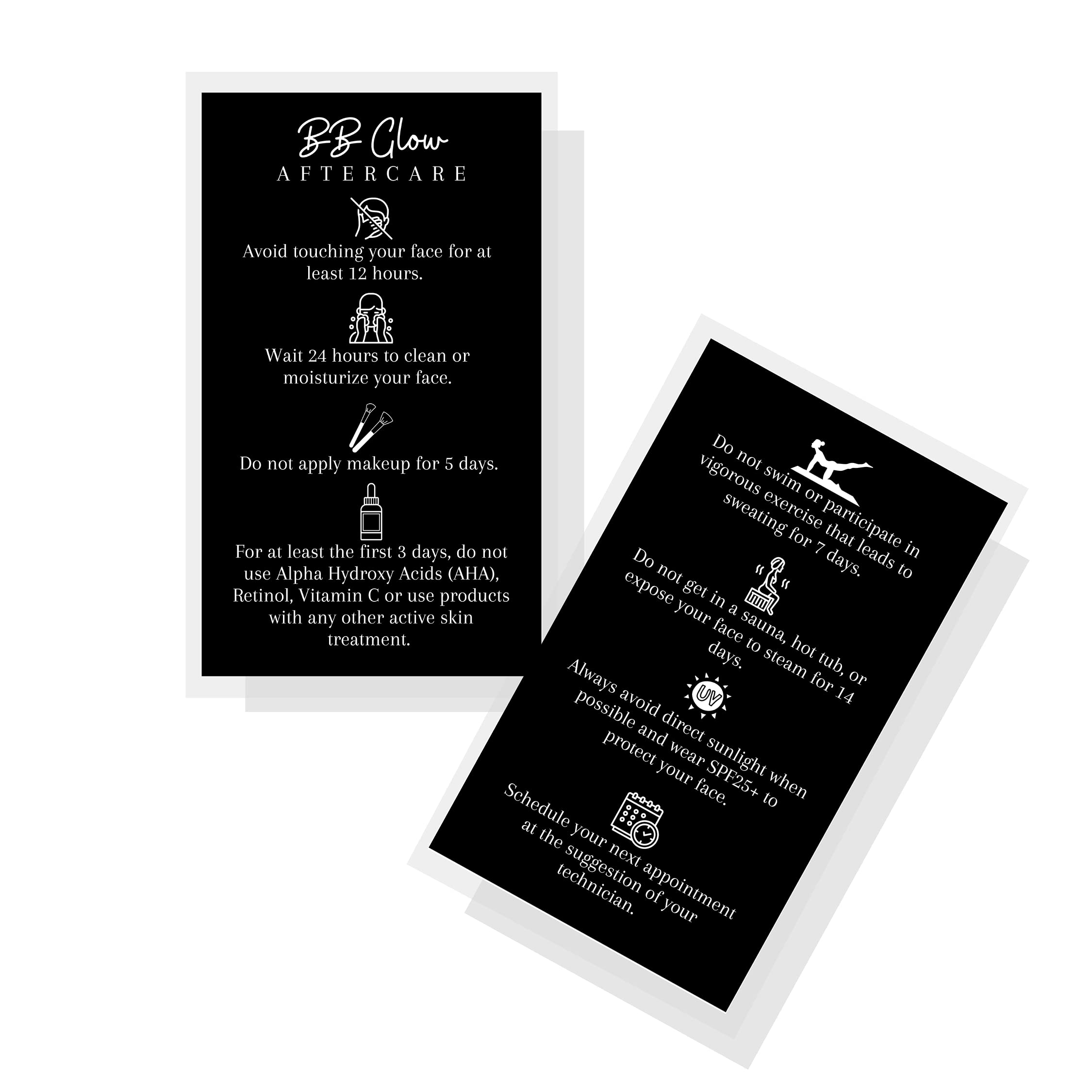 BB Glow Aftercare Cards,50 Pack,Size 2x3.5inch inches Business Card Size,Microneedled BB Glow Black with White Design