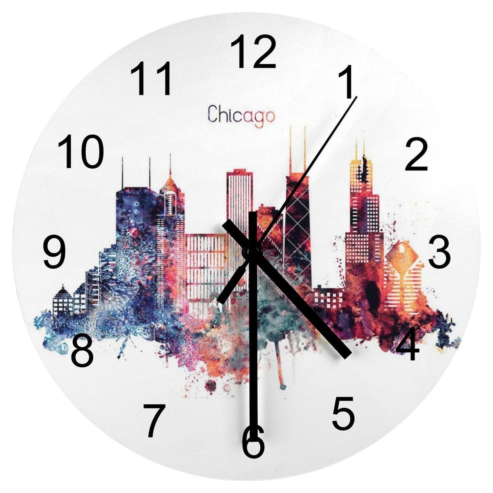 EQEY Chicago Illinois Cityscape Skyline Wall Clock Silent Non Ticking Round Home Decor Wooden Wall Clock Round Easy to Read for Home Office School