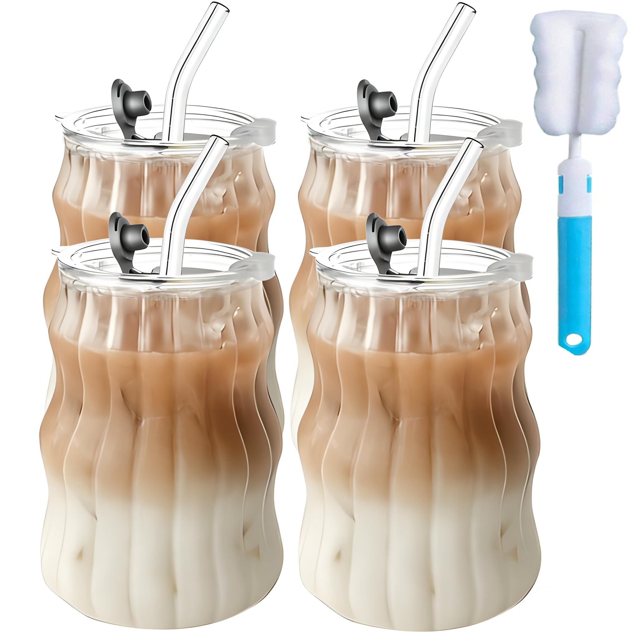 4Pcs 530ML Glass Mugs with Straws - Clear Iced Coffee Cup Matcha Ribbed Wavy Glass Cups Matcha Glasses with Straws Brush & Cup Brush for Ice Coffee Juice Drink Milk Tea Cocktail Wedding Birthday Gift