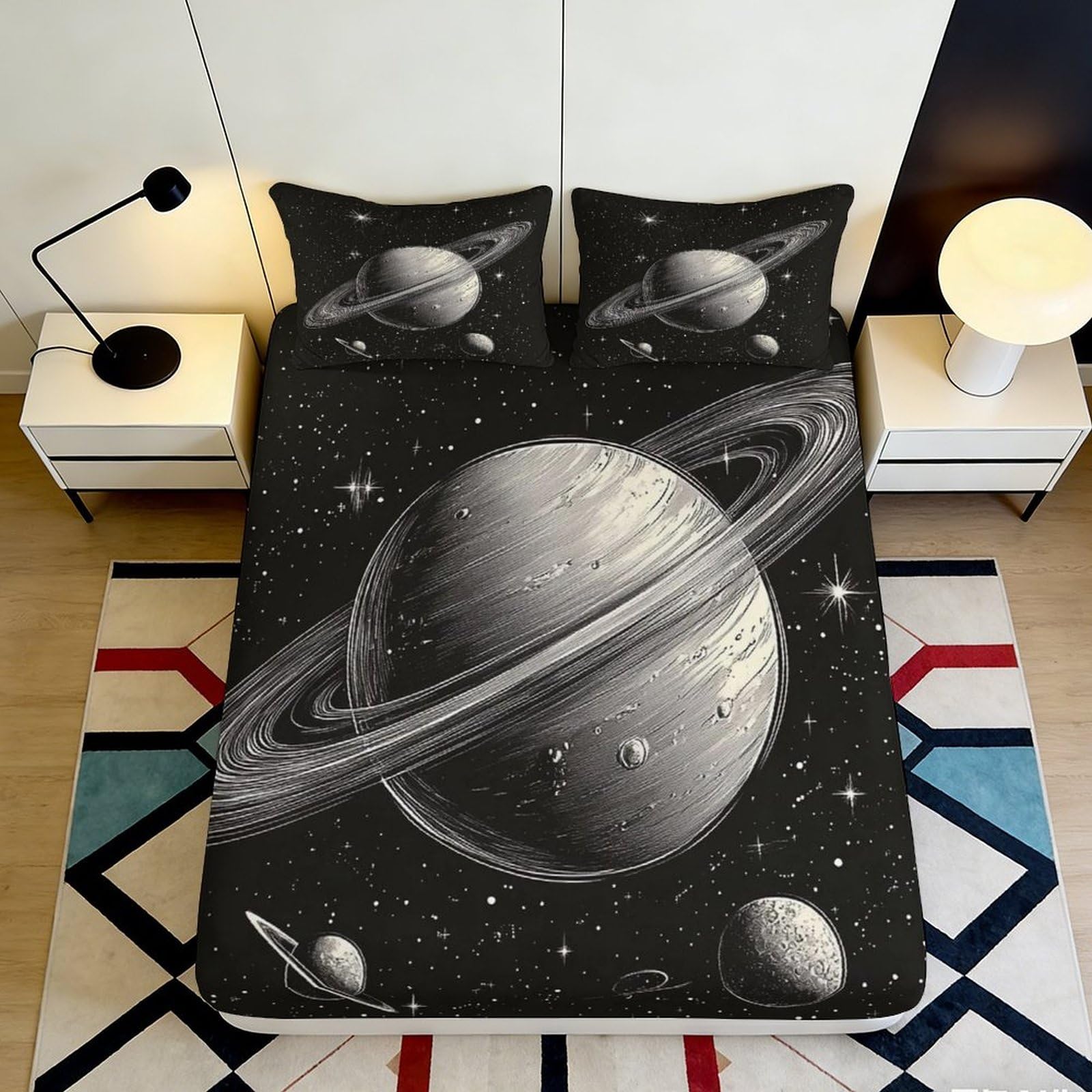 3D Printed Saturn Planet Fitted Sheet Microfiber Soft Breathable Space Universe Mattress Cover for Bedroom Guest Room 90x200x25cm