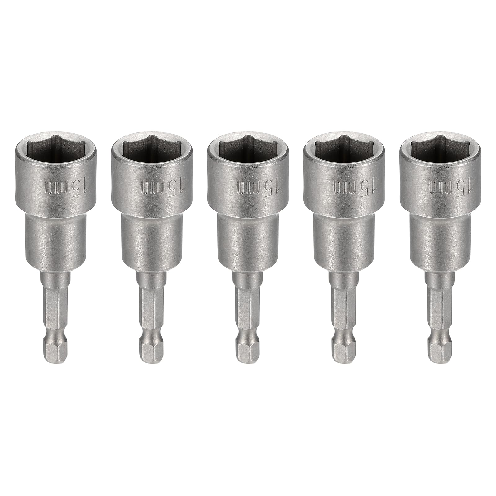 sourcing map 5pcs Nut Driver Drill Bit 15mm Metric Socket 1/4" Hex Shank 2.56" (65mm) Magnetic 6-Point Sockets Quick Change Cr-V Steel Bolt Setters for Power Drill Drivers, Gray