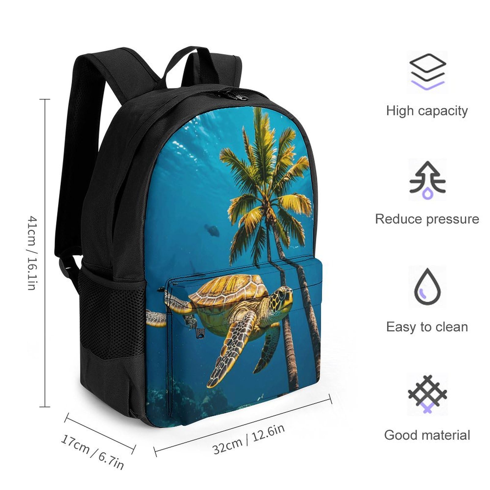 QWNMD Backpack with Pocket Backpacks Palm Trees And Sea Turtles Diving Underwater Printed Travel Backpack Lightweight Outdoor Travel Gym Events Bag