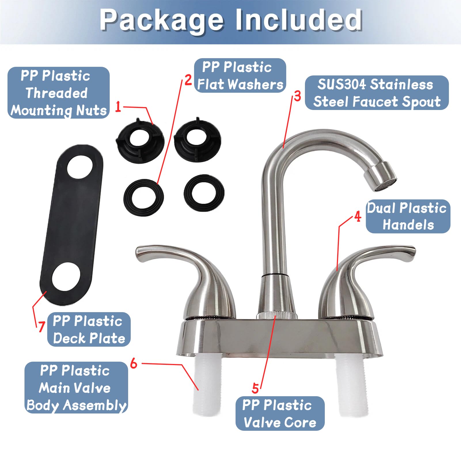 Rubinetti da bagno per camper, rubinetto di ricambio per lavello da cucina con due maniglie di controllo, corpo principale da 10,2 cm, 2 o 3 fori alto Arch-360 girevole sostituire per camper