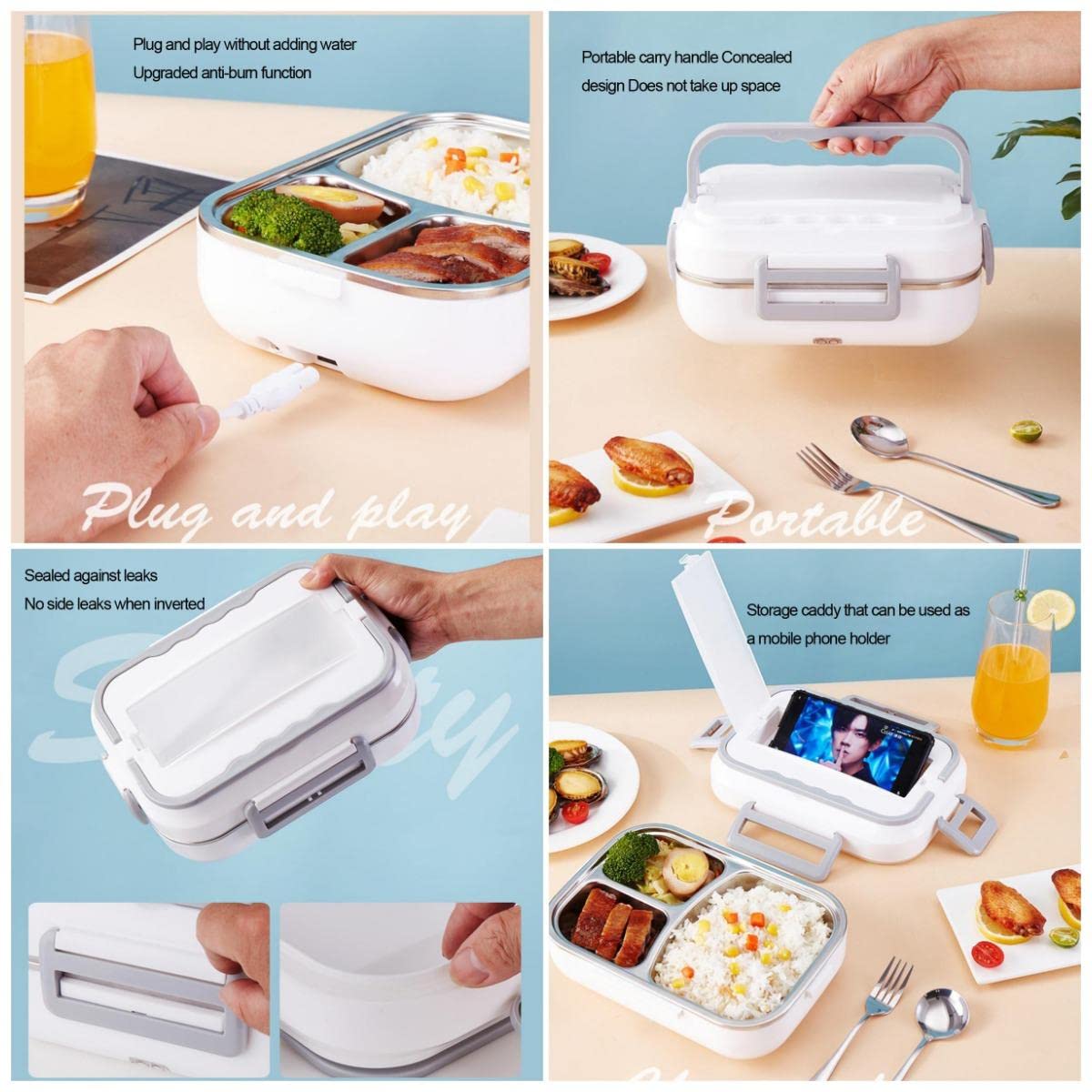 LANMOU Fiambrera Electrica 1.5L, Calentador de Comida Fiambrera Eléctrica Portátil Actualice Fiambrera Electrica Acero Inoxidable Tartera Termo Comida Fiambrera Eléctrica 4 en 1 con Tenedor y Cuchara