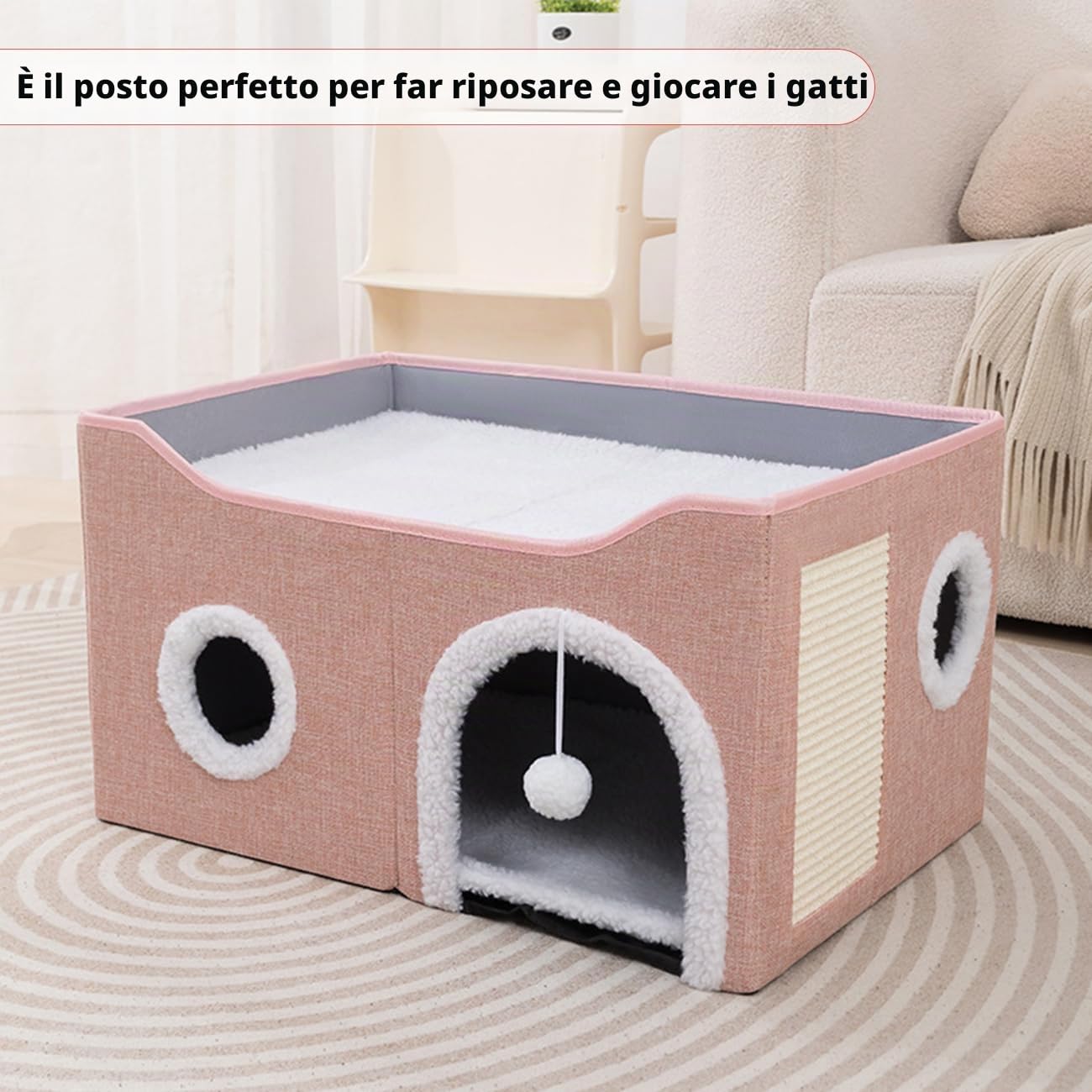 ERNAN Cuccia Gatto e cani.Lettino Per Gatti, Cuccia Gatto Interno, Cuscino per Pieghevole da Interno,Casa pieghevole con terrazza e tiragraffi, Adatto per Gatti,Piccoli Anima (Pink, Medium)
