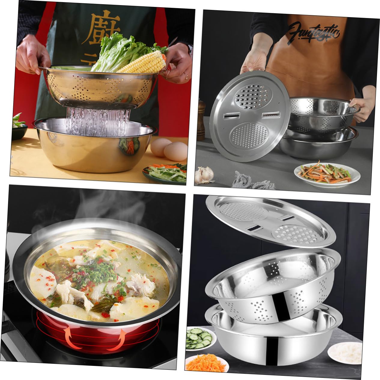 Colador Varios estilos Diseño de Drenaje Acero Inoxidable 3 Piezas de Apto para Lavar Frutas y Amasar Masa, Utensilio Multifuncional para Cocina para Uso Diario