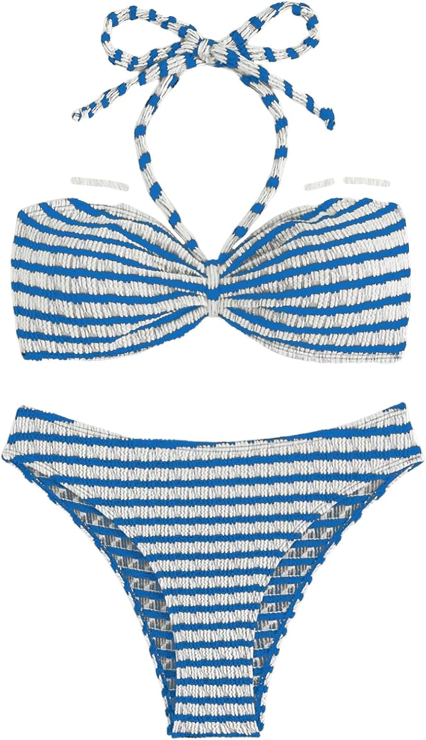 SOLY HUX Bathing Suit for Women Striped Halter Bikini Set Summer Two Piece Swimsuit