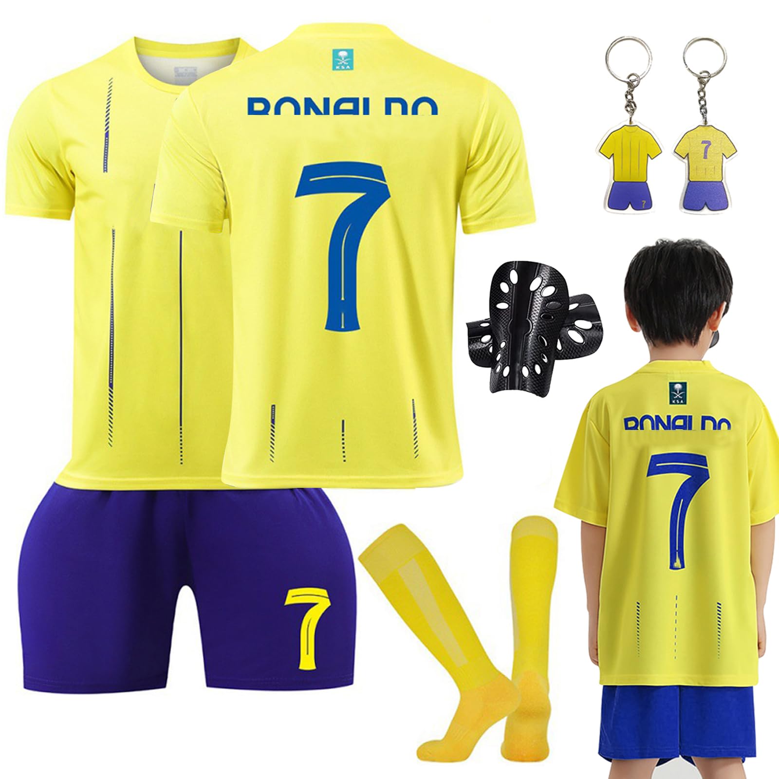 Ronronner Conjunto de fútbol de jersey para niños con camiseta, pantalones cortos y calcetines, camiseta amarilla de manga corta con el número 7, para adultos y niños