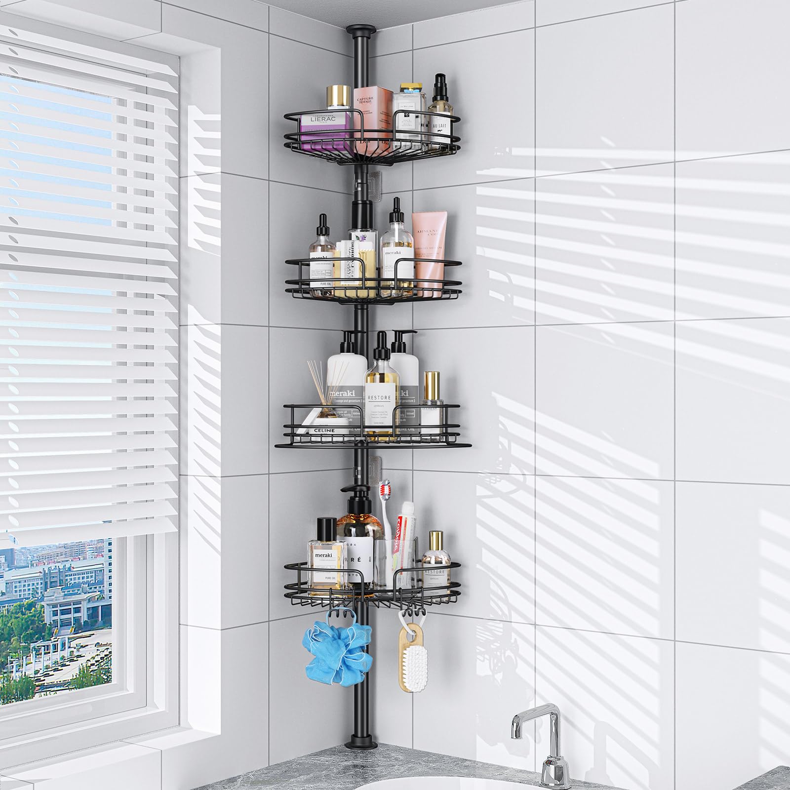 PKBD 4-Tier Rustproof Tension Shower Caddy, for Bathtub Shampoo Storage Bathroom Organizer, Adjustable Shower Shelves from 23 to 125 inches, with 4 Upgrade Large Capacity Adjustable Baskets, Black