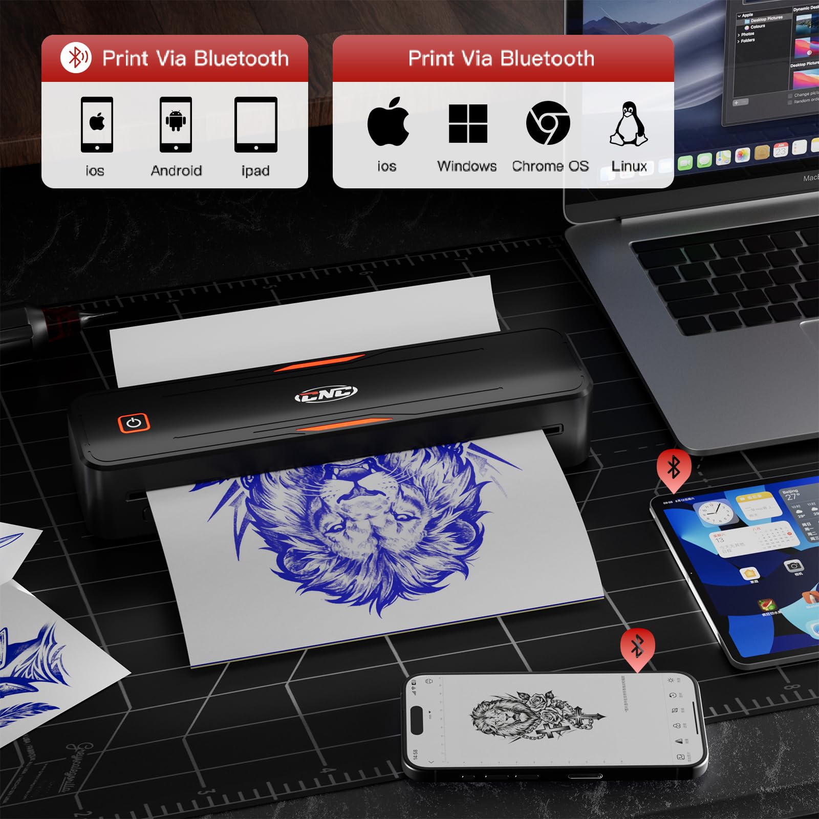 CNC Wirless - Impresora de tatuajes con Bluetooth, con 15 piezas de papel, máquina de transferencia térmica de tatuajes con impresora de plantillas para artistas de tatuajes y principiantes