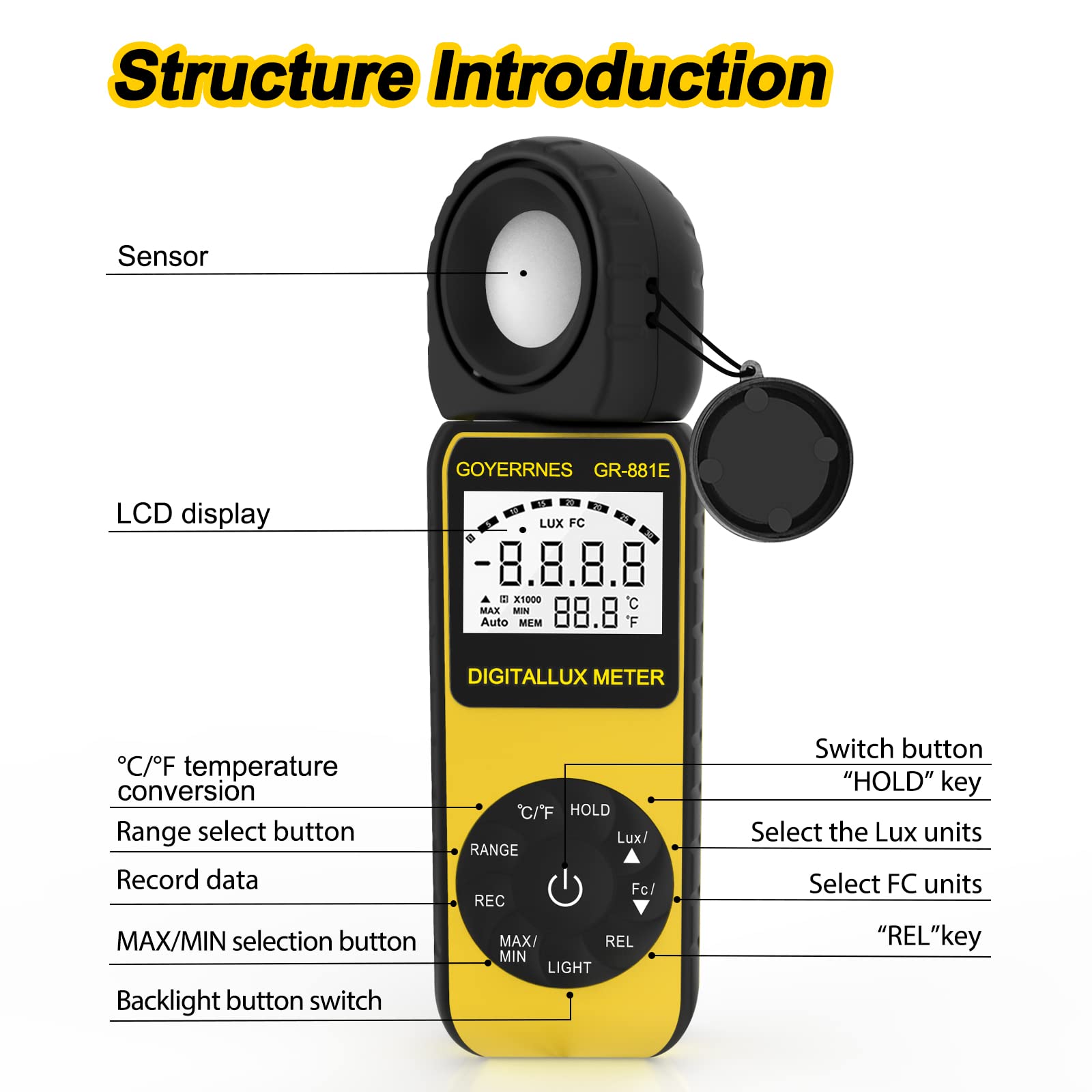 Medidor de luz medidor de iluminancia Digital, GR-881E Lux Meter de Mano de iluminación de Temperatura Ambiente Mide hasta 300.000 Lux fotómetro con 270º Detector Giratorio para fotografía LED.