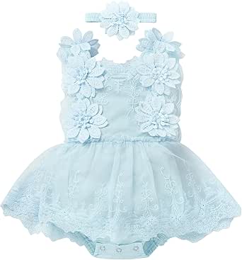 FYMNSI Newborn Baby Girl 1st Birthday Outfit Floral Lace Tulle Romper