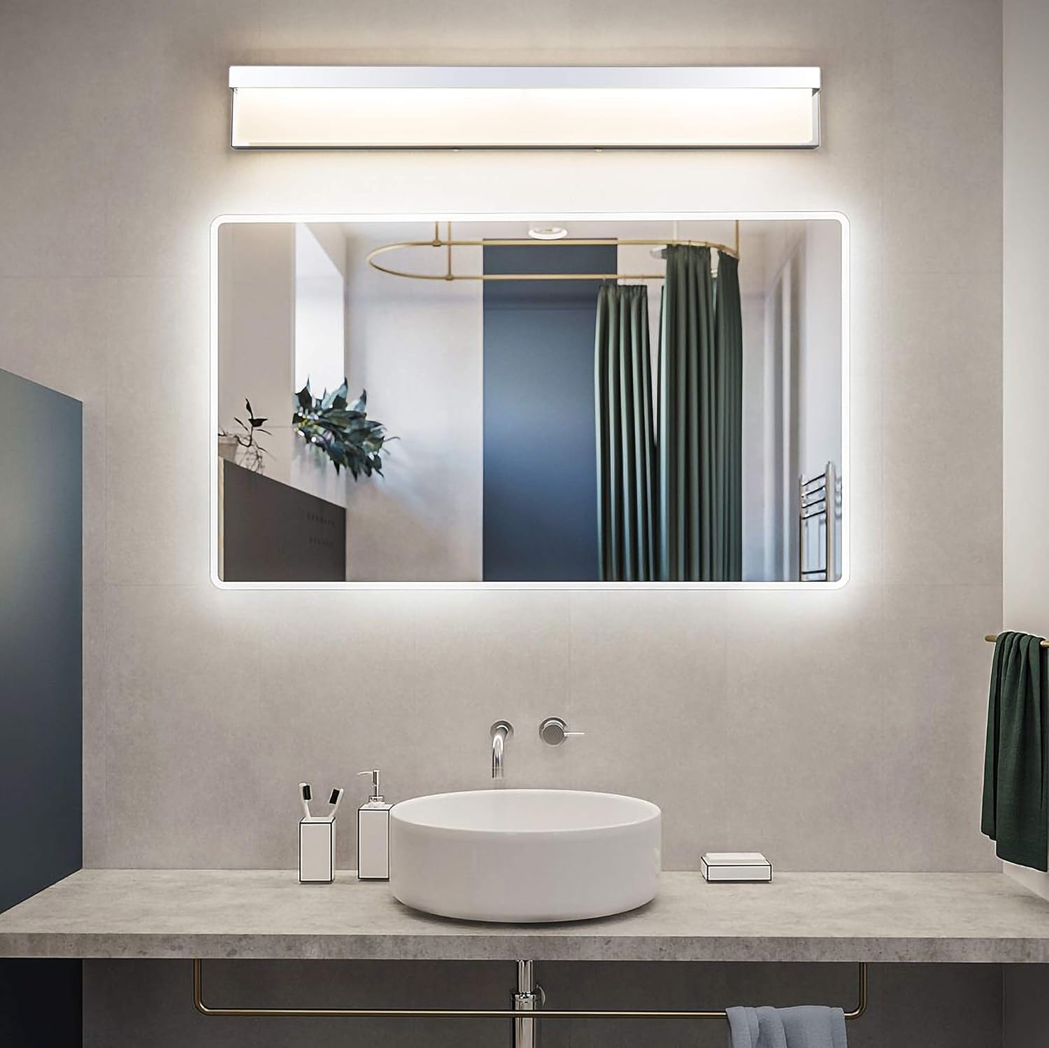 Best Deal Cheap 🛒 LIGHTINN LED Bathroom Vanity Light Fixture Over Mirror 32.3 inch Modern Rectangle Finishing Stainless Steel Lighting Bar 4000K Daylight Wall Sconce (Chrome)