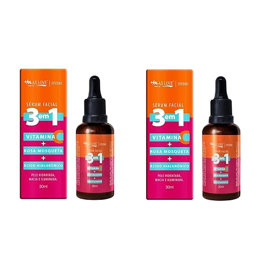 ZKMAGIC Kit 2 Unidades - Serum Facial 3 Em 1 Vitamina + C Rosa Mosqueta + Ácido Hialurônico - Pele Hidratada Macia E Iluminada 30Ml Max Love.