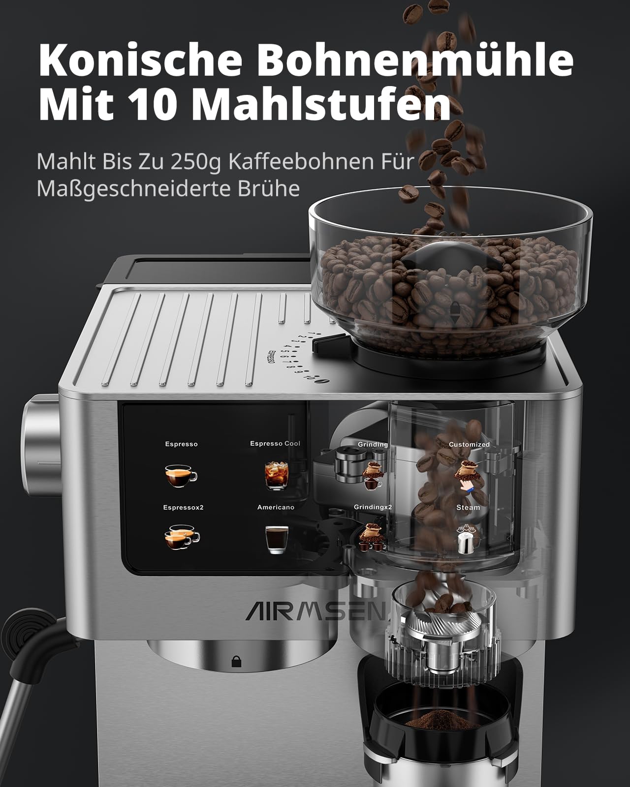 AIRMSEN Siebträgermaschine Espressomaschine 20 Bar Edelstahl 1,8L Wassertank Cold Brew Americano