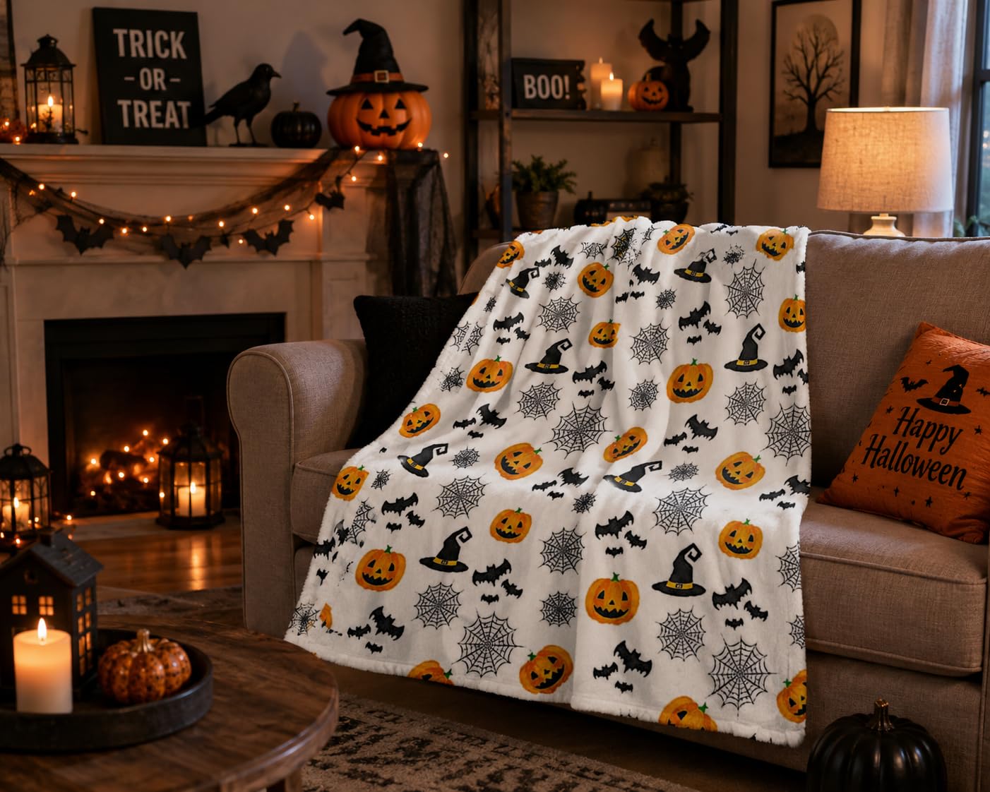 Halloween Patchwork Throw Blanket: Spider Webs Skeleton Witchy Gnomes Decorated Pumpkins Haunted House and Dressed Up Pet Dogs (Patchwork)