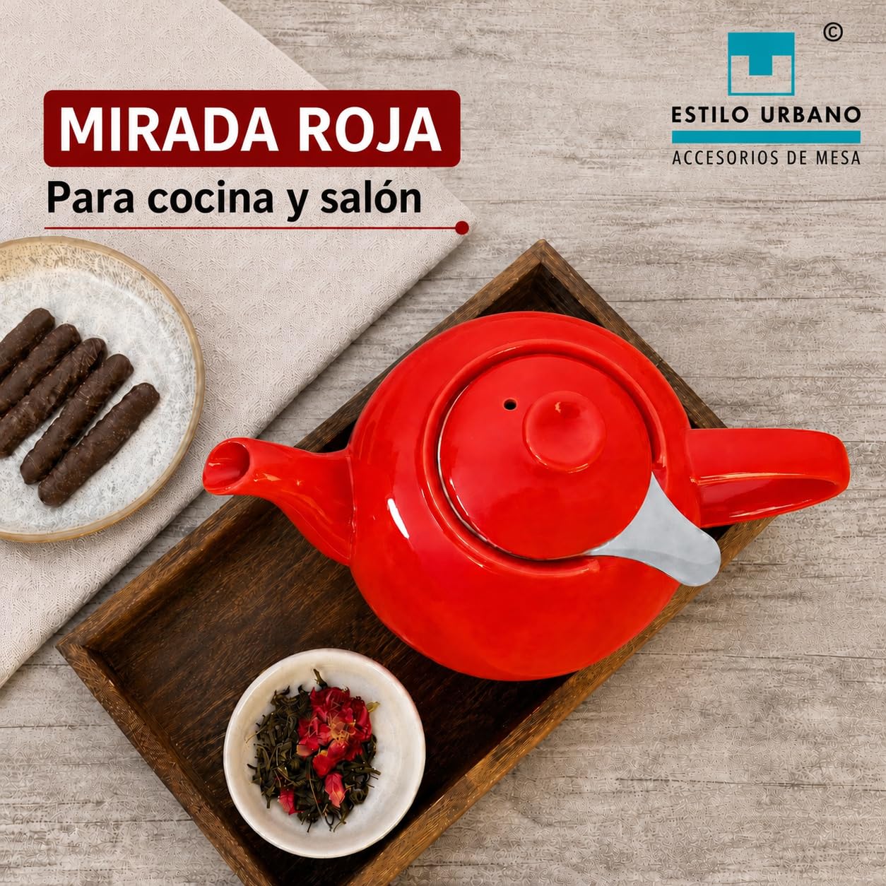 URBAN LIFESTYLE Tetera de porcelana con infusor de acero inoxidable, 1,1 L (5 tazas), tetera sin goteo para té a granel y bolsitas, modelo Swansea verde mar (Rojo)