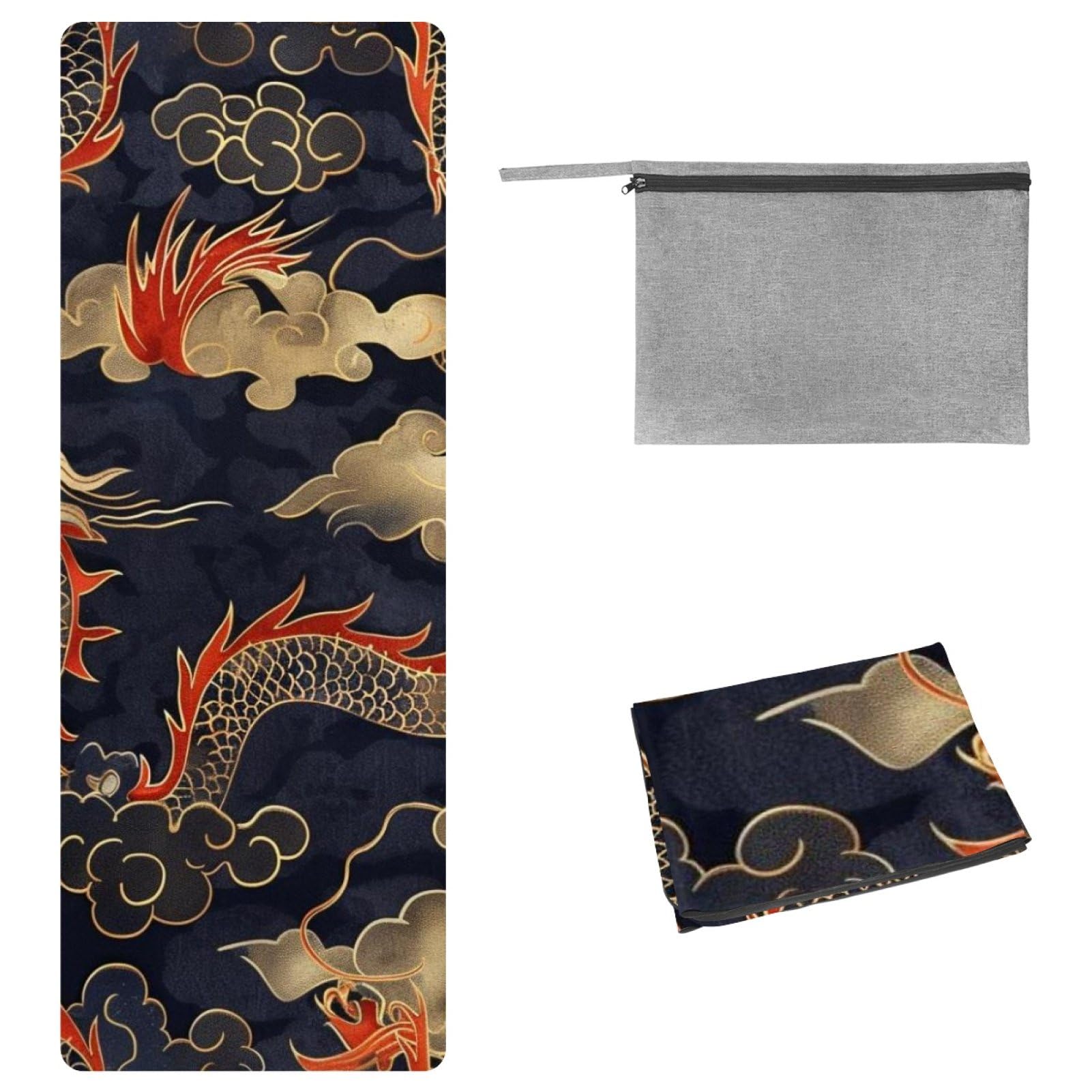 Dragon Cloud Pattern Yoga Towel with Travel Bag, Non Slip Rubber Hot Yoga Mat Towel, Suede Absorbent Quick-Dry Yoga Blankets for Fitness,Pilates and Workout 72.8x26.8in