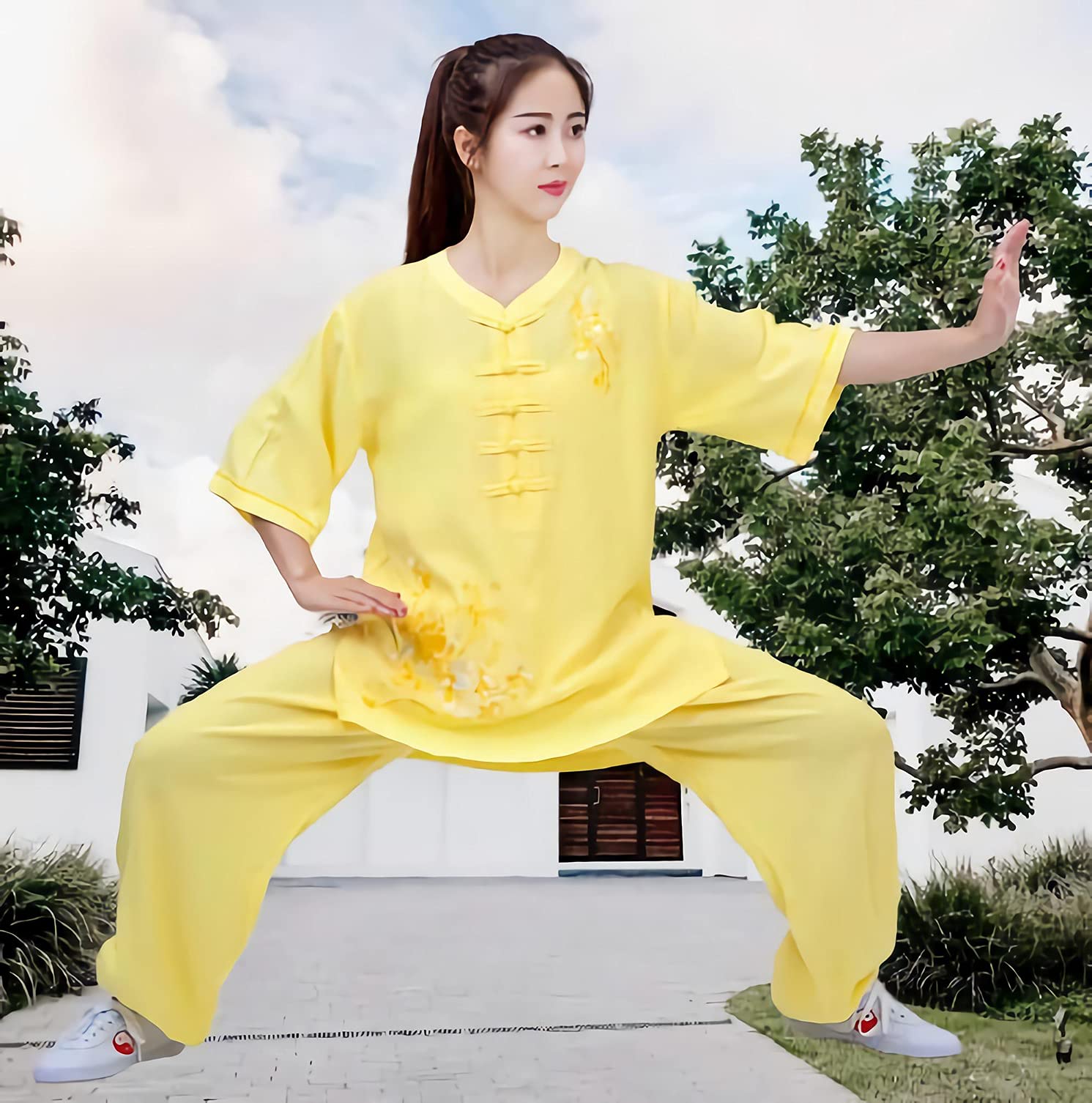 Abbigliamento Qigong Donna Estate Elegante Manica corta Lino estivo Lino di cotone Abito Tai Chi Lanterna Tai Chi Abbigliamento Tai Chi Abbigliamento da allenamento ricamato Blu-XXL (Rosa XXL) (Giallo