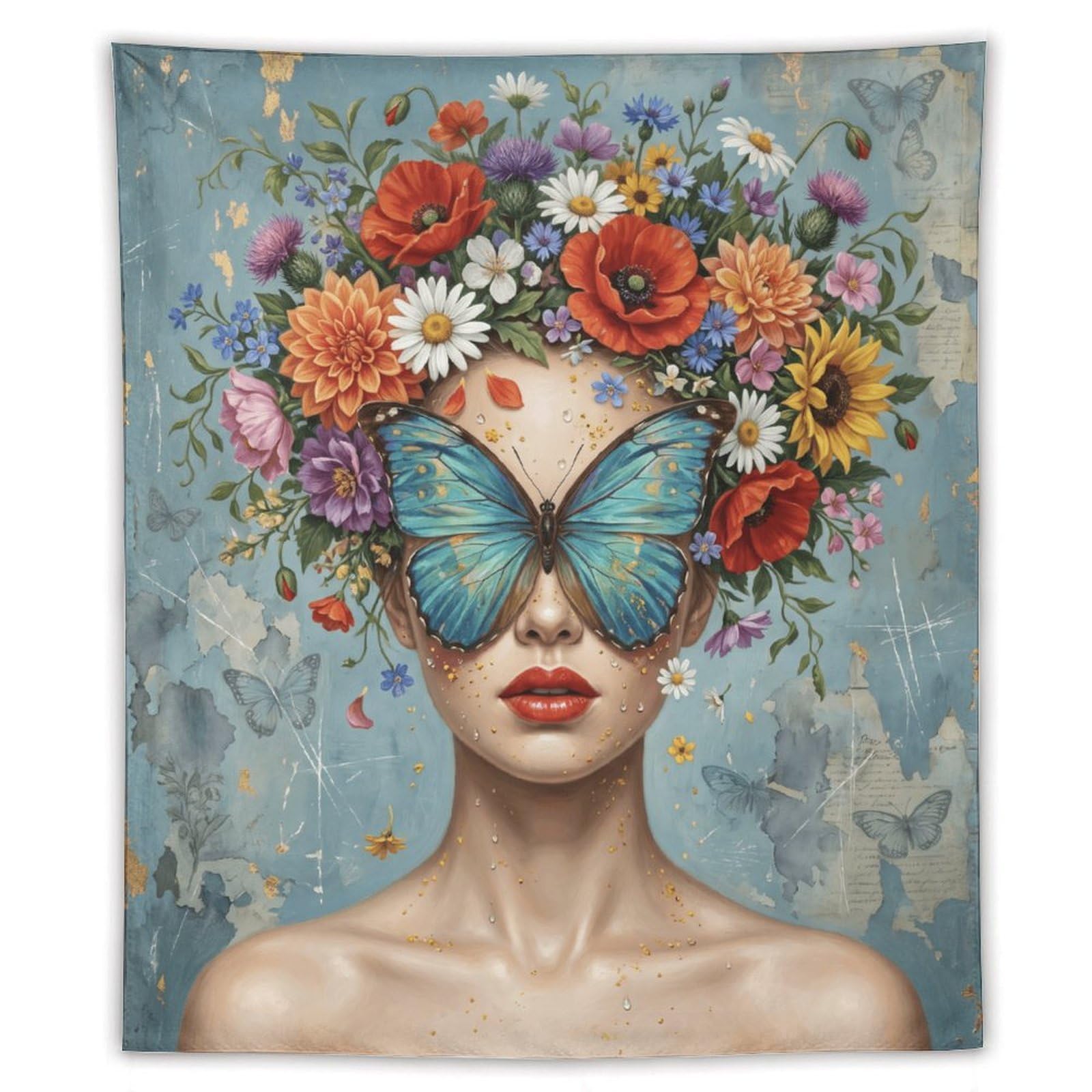 H3B8U2Y5 Butterfly Woman Pastel Floral Wall Tapestry, Botanical Surrealism