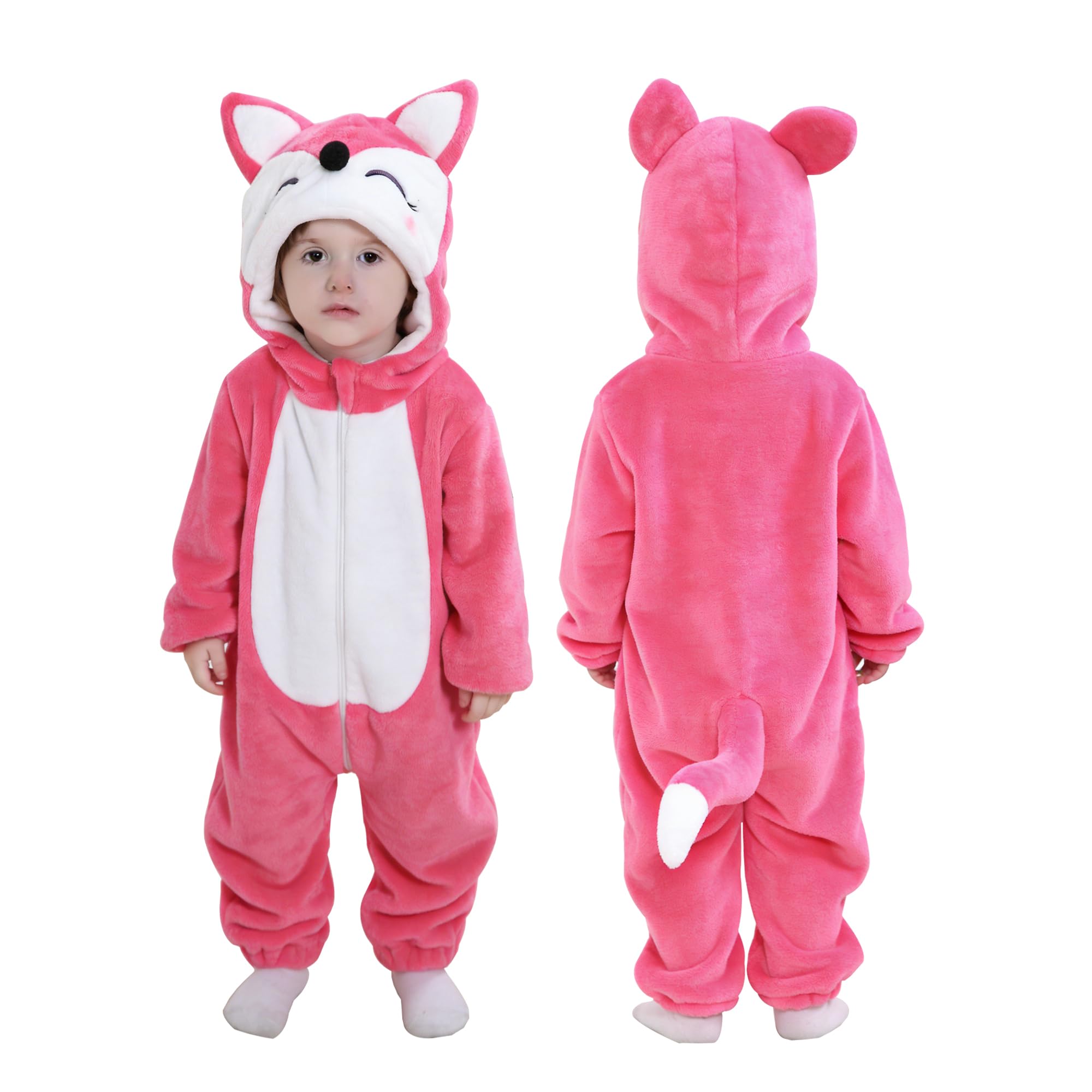 Doladola Unisex Infant Rose Fox Baby Hooded Cartoon Animal Romper Toddler's Jumpsuit Baby's Outfit Infant's Pajama(6-12 Months,)