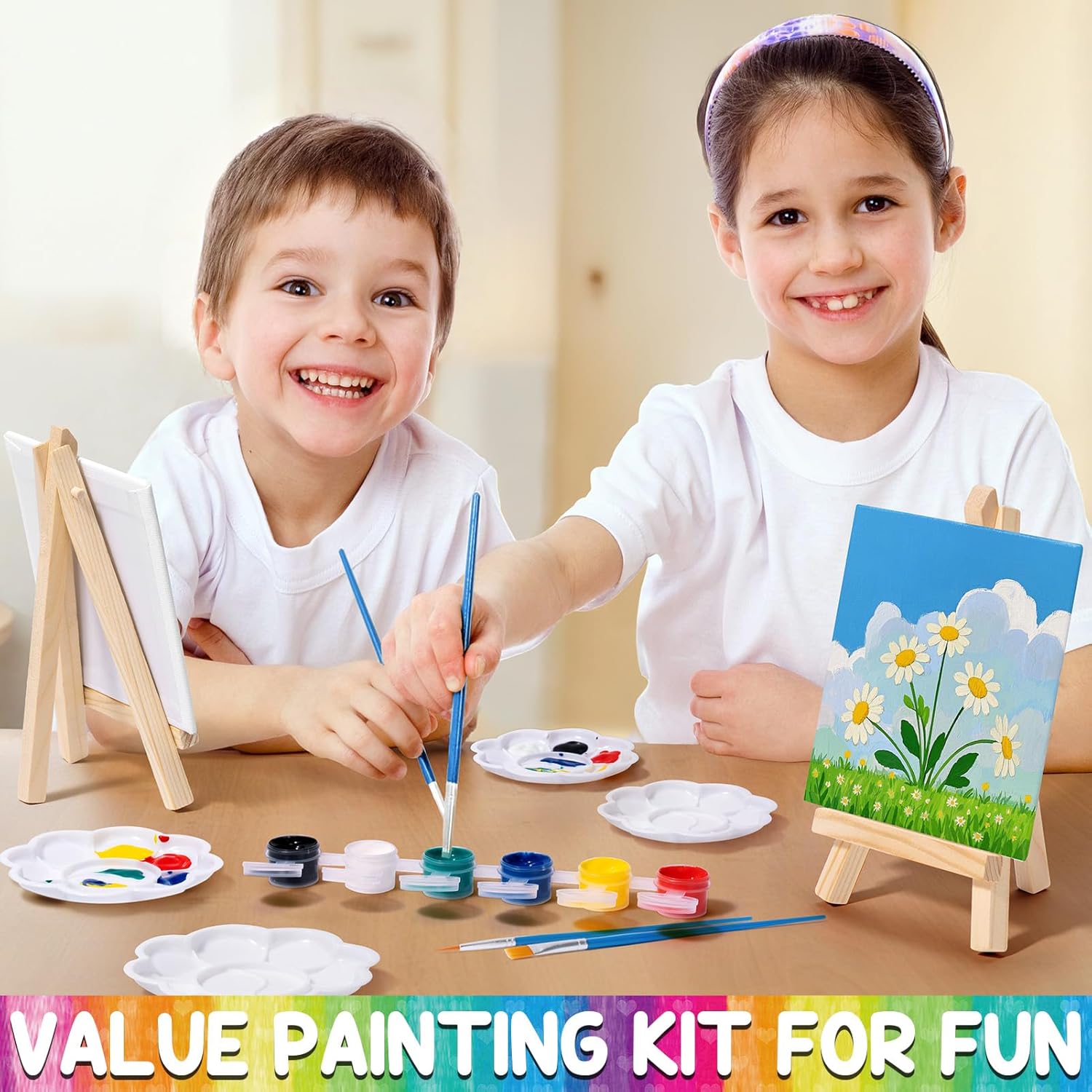 Partylamb 24 Sets Mini Acrylic Paint Kit with Wooden Easel, Canvas, Brushes, Palette, Painting Kits for Kids Girls Boys, Art Set Gifts for Birthday Party Favors Classroom Prizes Easter Gifts for Kids