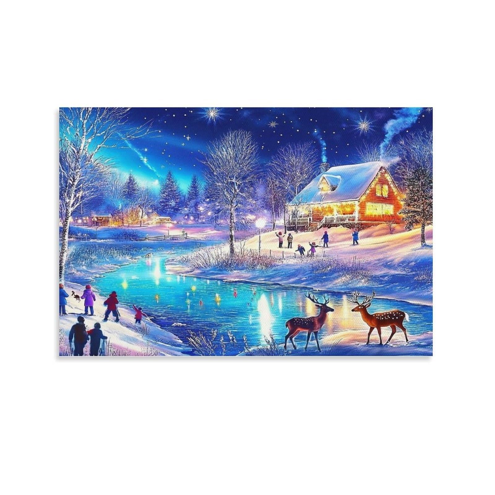 CPLVKWRQJ Winter Wonderland Scene Single Snowy Town Framed Canvas Wall Art - Living Room Gallery Wall Statement Piece Fade Resistant Decor 20x30inch(50x75cm)