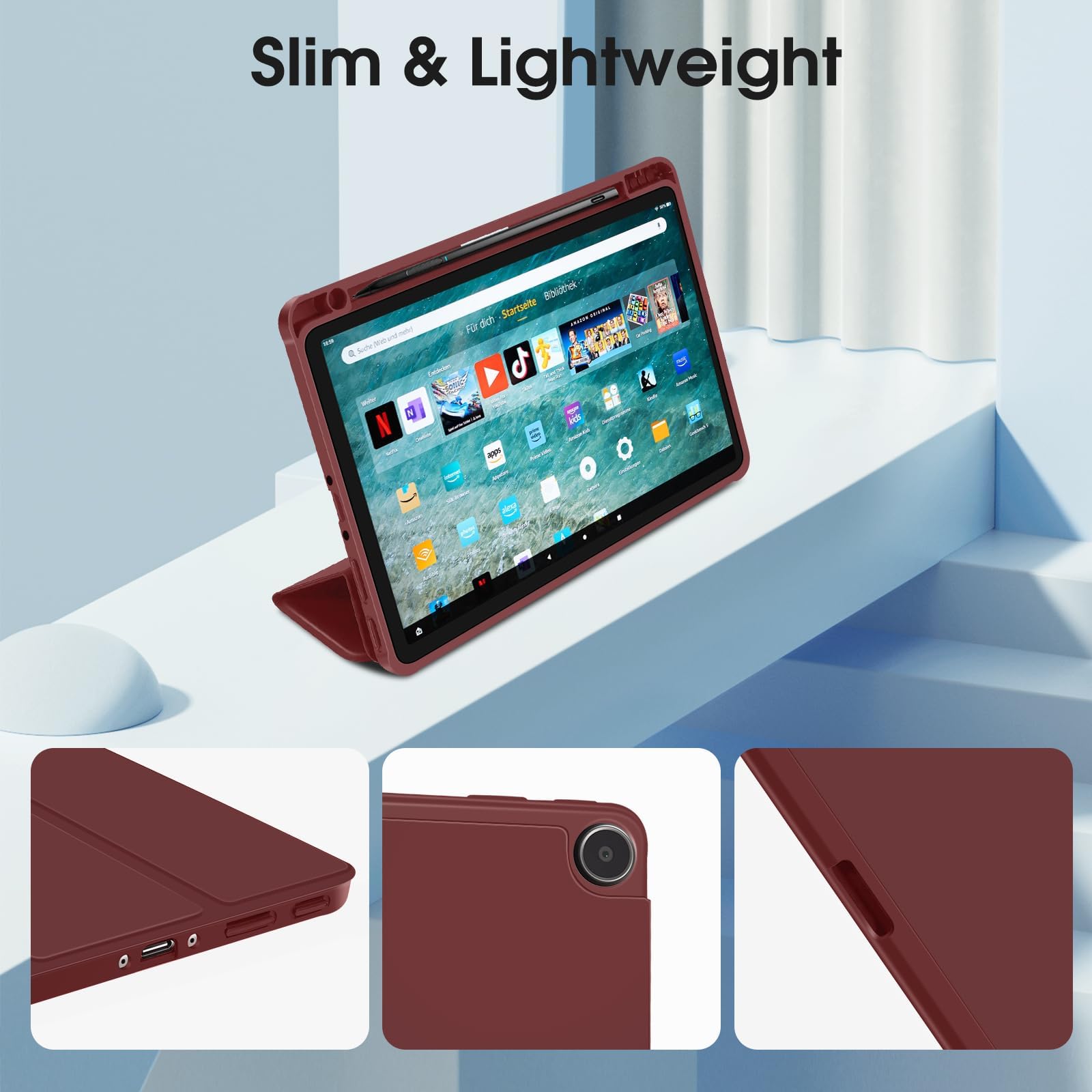 Funda delgada para tablet Amazon Fire Max 11 (13ª generación, versión 2023) de 11 pulgadas, carcasa ligera triple con soporte para bolígrafo, funda de TPU para tablet Kindle Fire 11 con encendido y