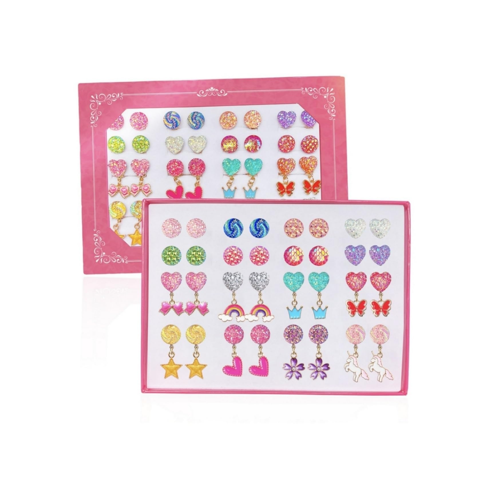 EleMirsa 16 Pairs Kids Clip On Earrings for Girls Jewelry Earrings Princess Game Dress Up Pretend Play Earrings for Little Girls Earrings Set Gift Box