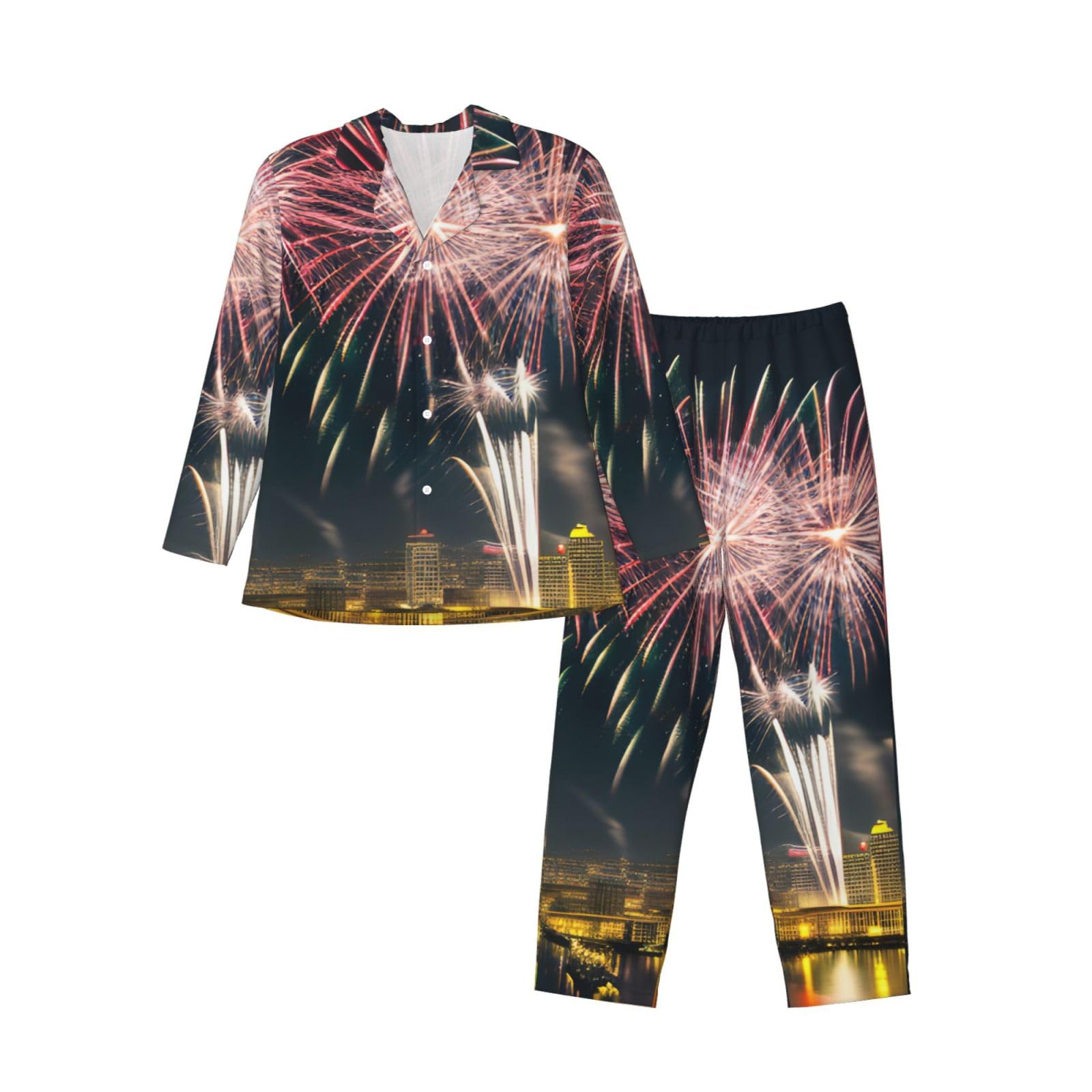 Herren-Pyjama-Set mit Feuerwerk-Muster, langärmelig, zweiteilig, Hauskleidung, bequeme Nachtwäsche