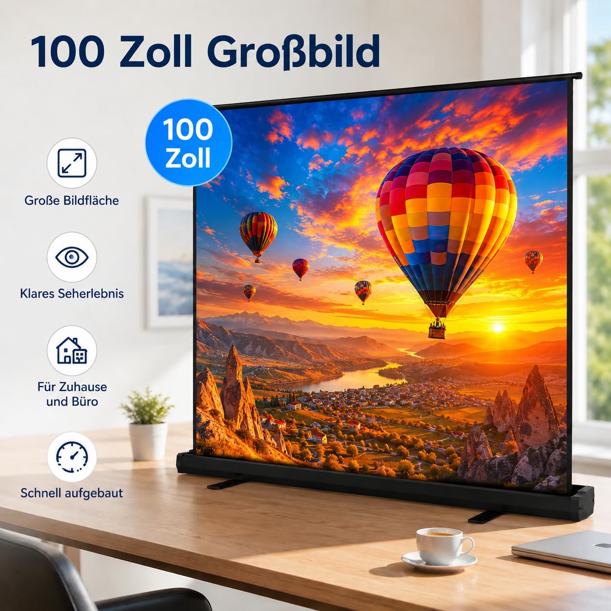 Tragbare Non-Tension ALR Leinwand Beamer 100 Zoll Format 16:9,Hochziehbare Pull-Up Beamer Leinwand mit Ständer,Ideal für Heimkino, Innen-/Außenfilme