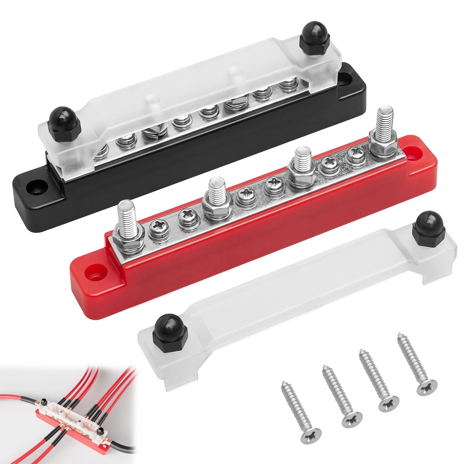 2 Pack Busbar, 150A 12V Bus Bar, 4 x 1/4" (M6) 6 x #8 (M4) Terminals Power Distribution Block Busbar with Cover, 48V Terminal Block for Marine Boat RV Car Solar Battery Terminal Distribution Block