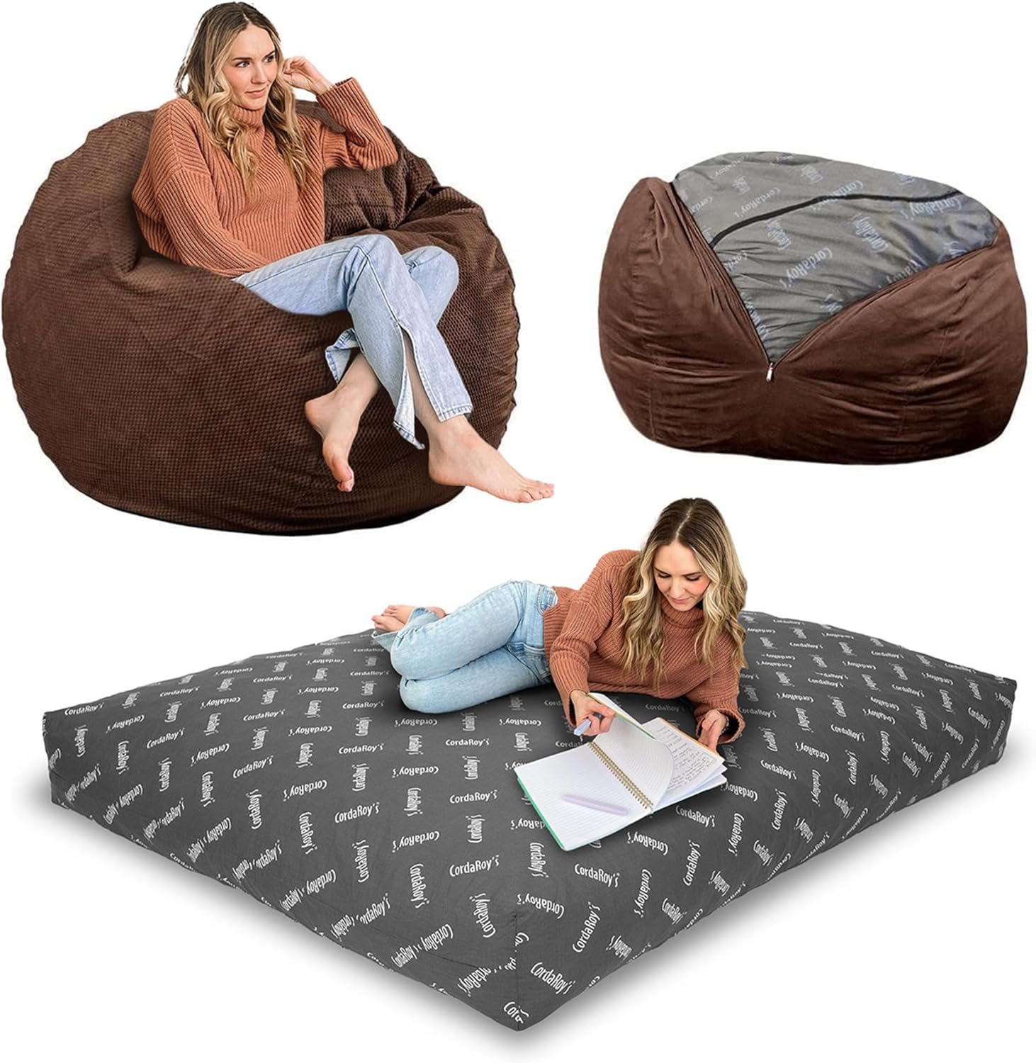 CordaRoy's Chenille Bean Bag-Convertible Bean Bag Chair-Machine-Washable Chenille Fabric Cover-for Basement,Living Room,Game Room,Dorm & More - Full Size - Espresso | Made in The USA