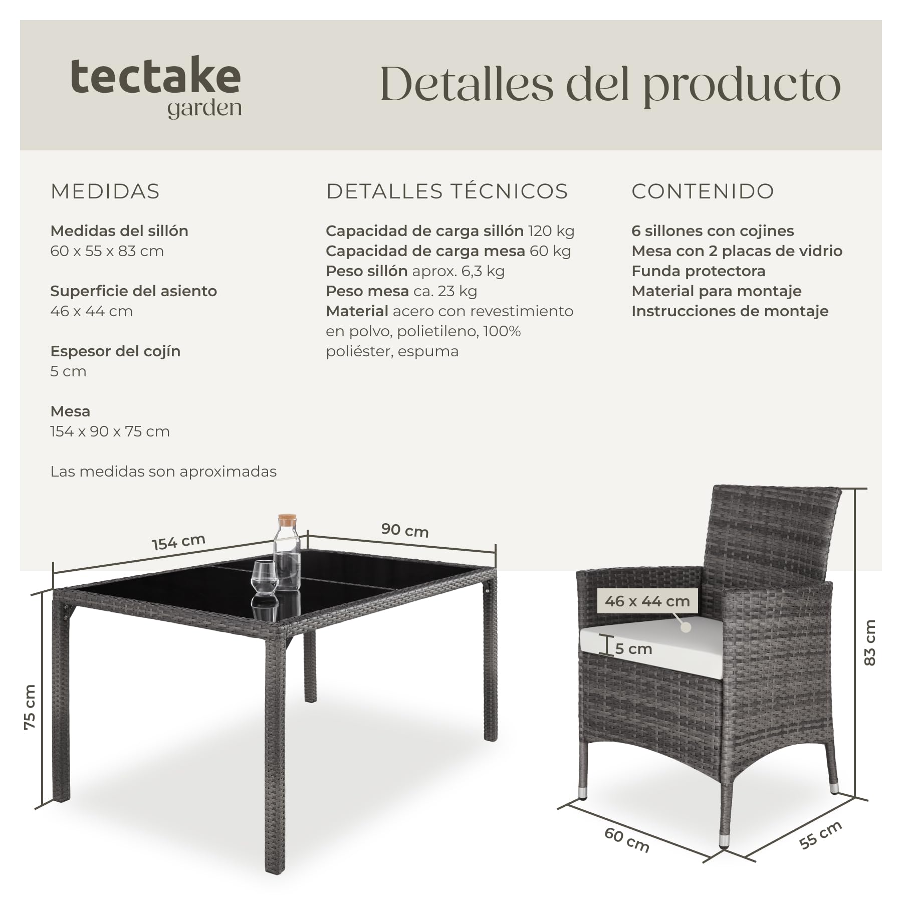 tectake® Conjunto Jardín Exterior de Ratán y Aluminio, Muebles Jardín Exterior Resistentes a Intemperie, para hasta 6 Personas, con Tornillos de Acero INOX. y Funda Protectora - Gris