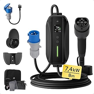 dé Chargeur Voiture Electrique P17 [7,4kW, 1-Phase, 8m, 6A/10A/16A/20A/24A/32A] Type 2 Prise CEE Chargeur EV Station de Charge Mobile/Wallbox avec écran Numérique