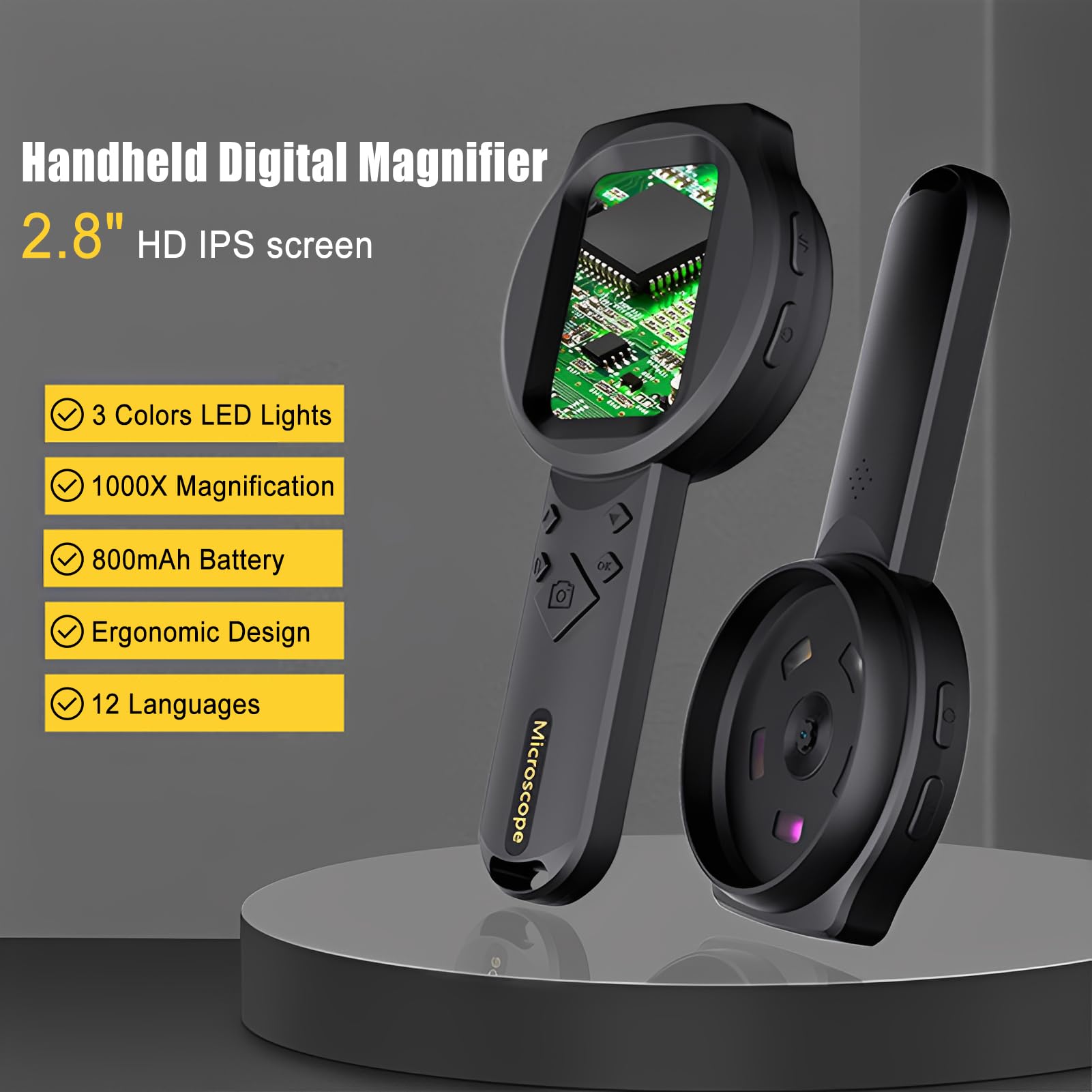 Microscopio Digital Portátil 1000X con Pantalla IPS HD 2.8 Pulgadas, Lupa de Mano con 15 Luces LED y 12 Idiomas, para Lectura, Inspección de Joyería y Exploración, Ampliación 1000x