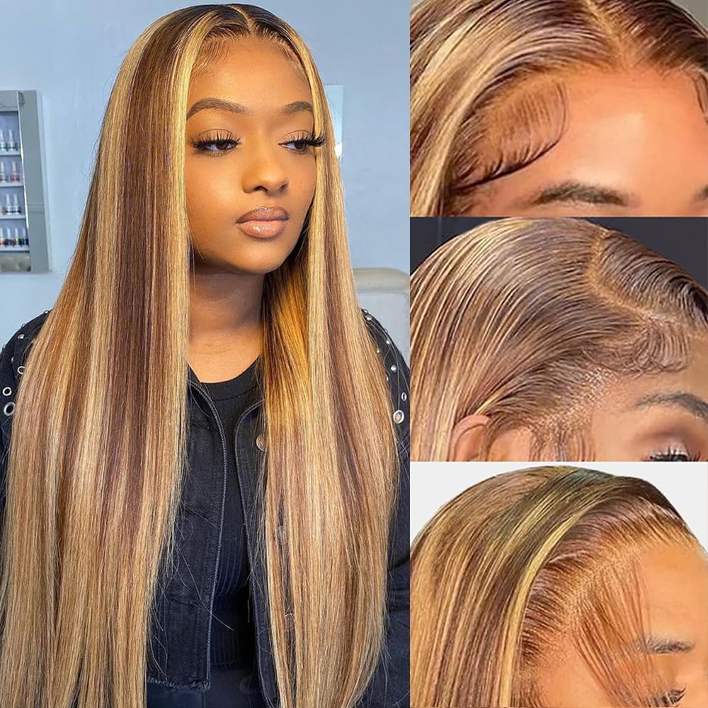 ROLKISA Highlight Ombre Lace Front Wig Human Hair 13x6 HD Transparent Straight Lace Front Wigs Human Hair Pre Plucked 180% Density 4/27 Colored Honey