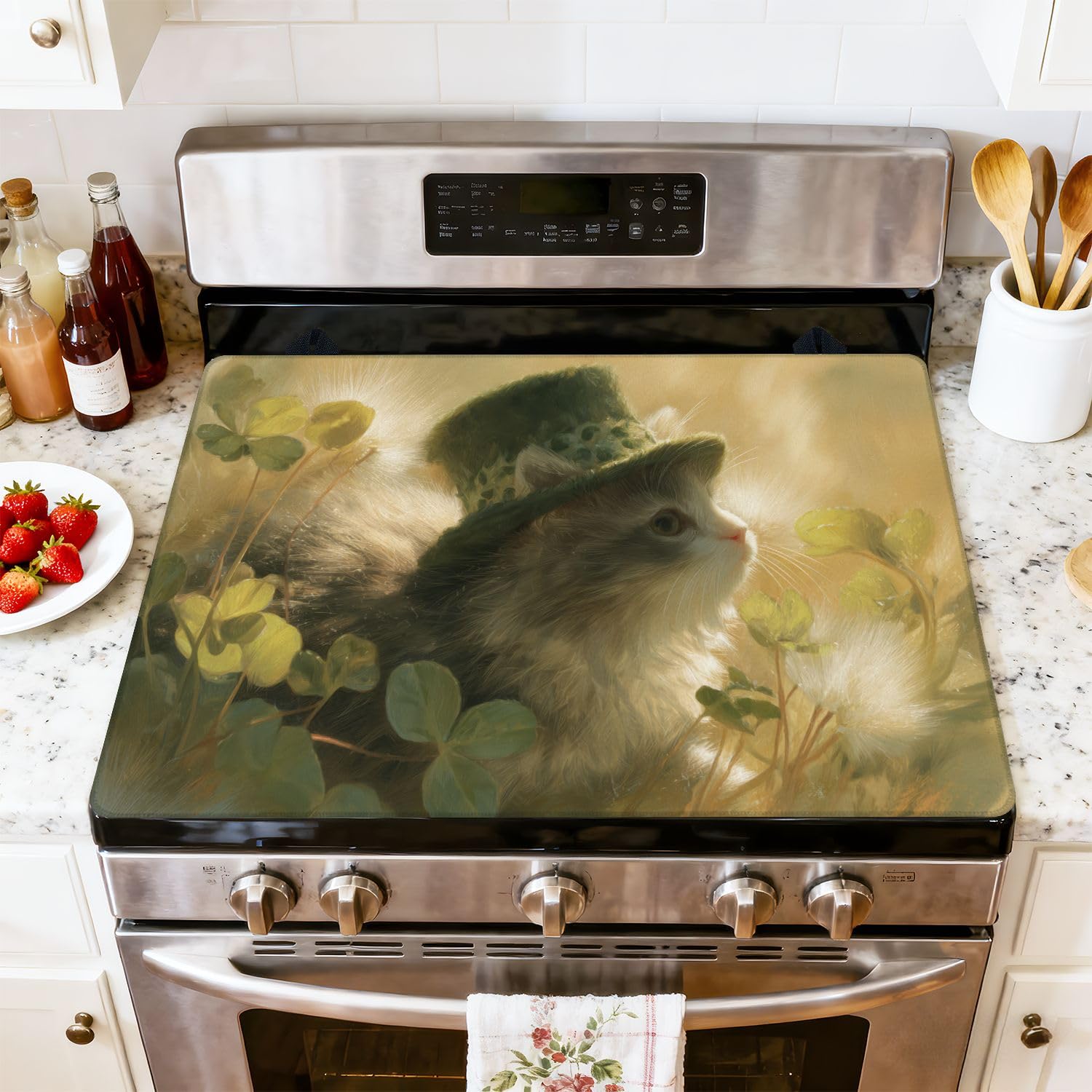 Stove Top Cover for Electric Stove Fluffy Gray Kitten Green Top Hat Clover Leaves Heat Resistant Glass Cooktop Protector Flat Top Oven Cover Mat Prevent Scratching 28" x 20"
