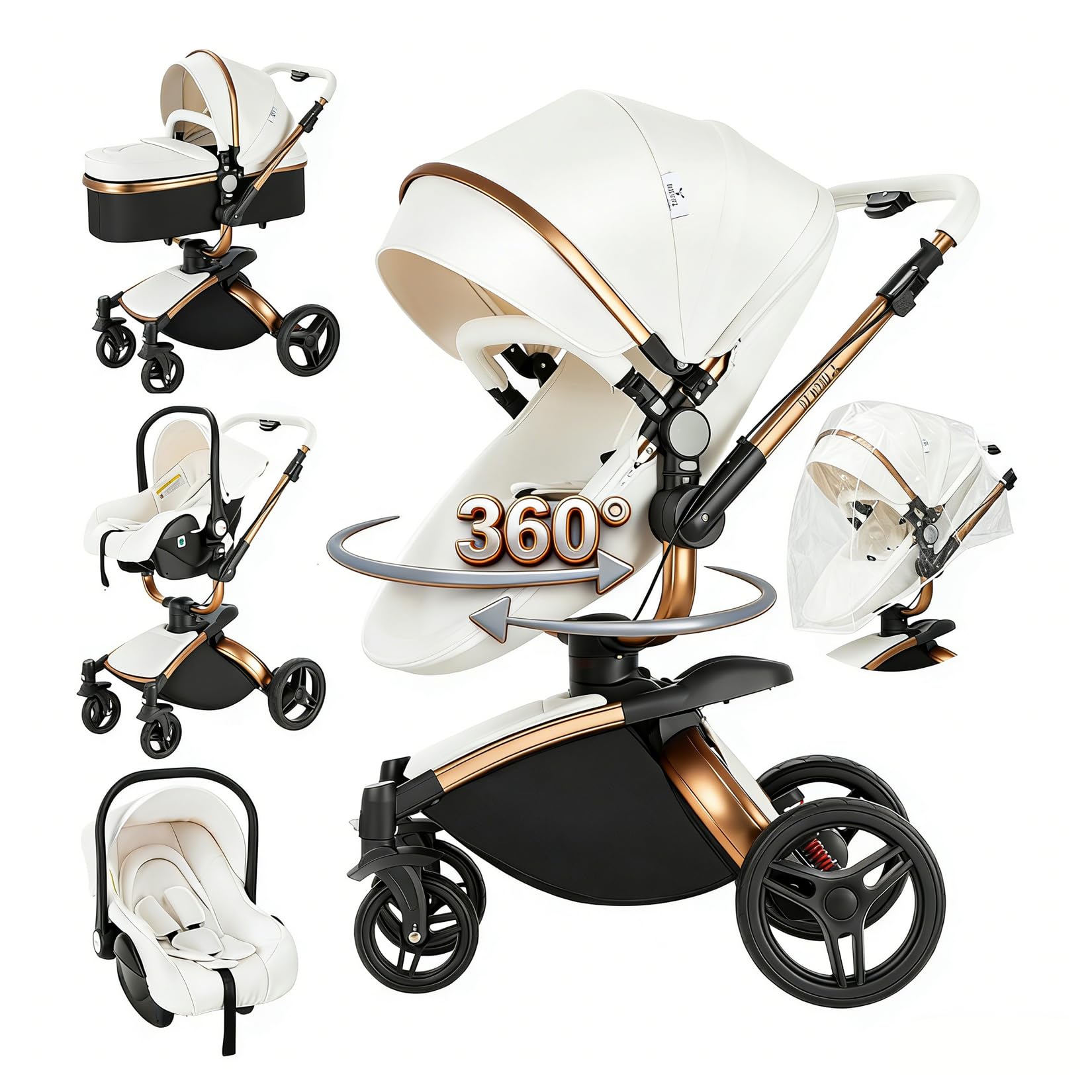 Magic ZC 360° Rotación Cuero PU Carrito Bebe 3 en 1, Carro 3 Piezas con Asiento Convertible Giratorio 360°, Carricoche Bebe Plegado con Un Solo Clic, Cochecito Tres Piezas (906 White)