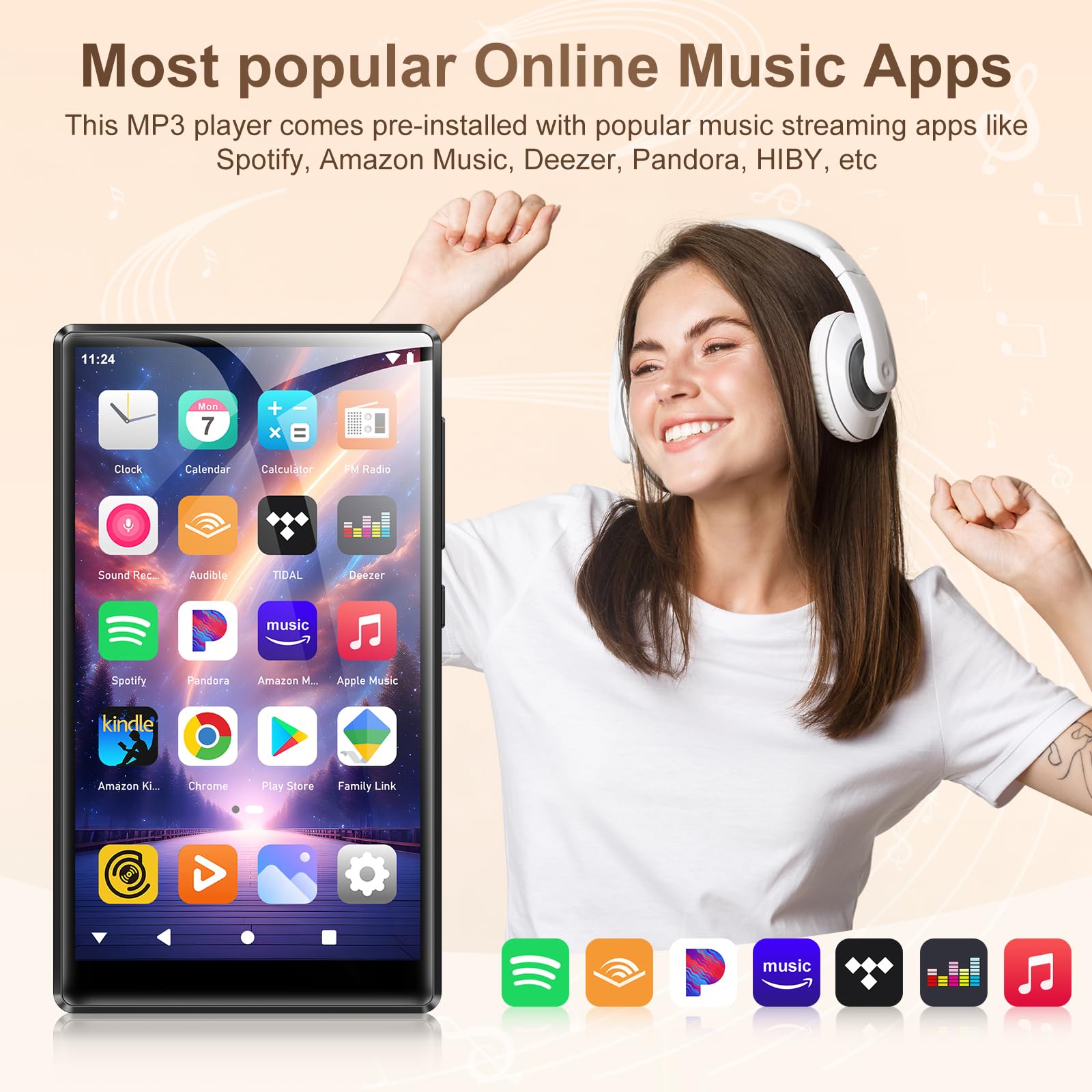 SWOFY MP3 Player mit Bluetooth und WLAN, 96GB HI-FI 5-Zoll Touchscreen, Android 13.0 MP3 MP4-Player mit Spotify, Amazon Music, FM Radio, E-Book, Browser für Kinder(Schwarz)