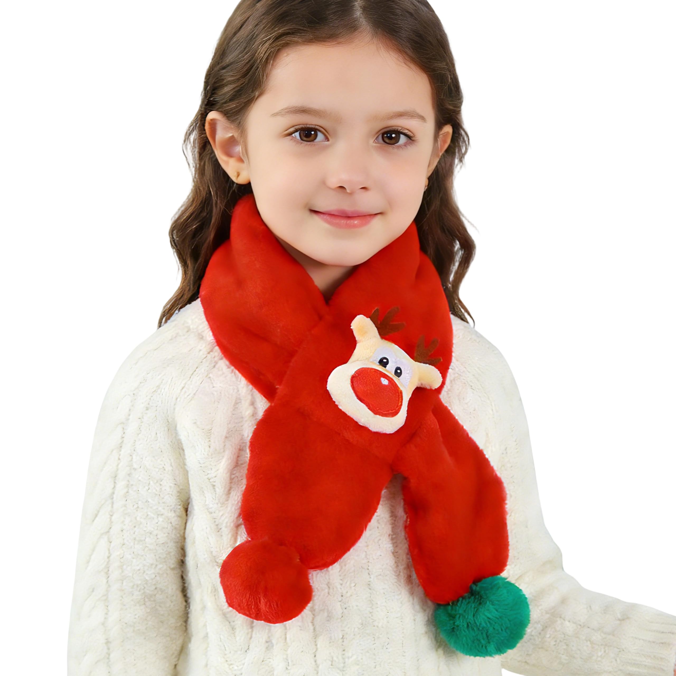 Christmas Kids Scarf for Girls Boys,Soft Plush Warm Cute Deer Outdoor Neck Scarves for Cold Weather(Red)