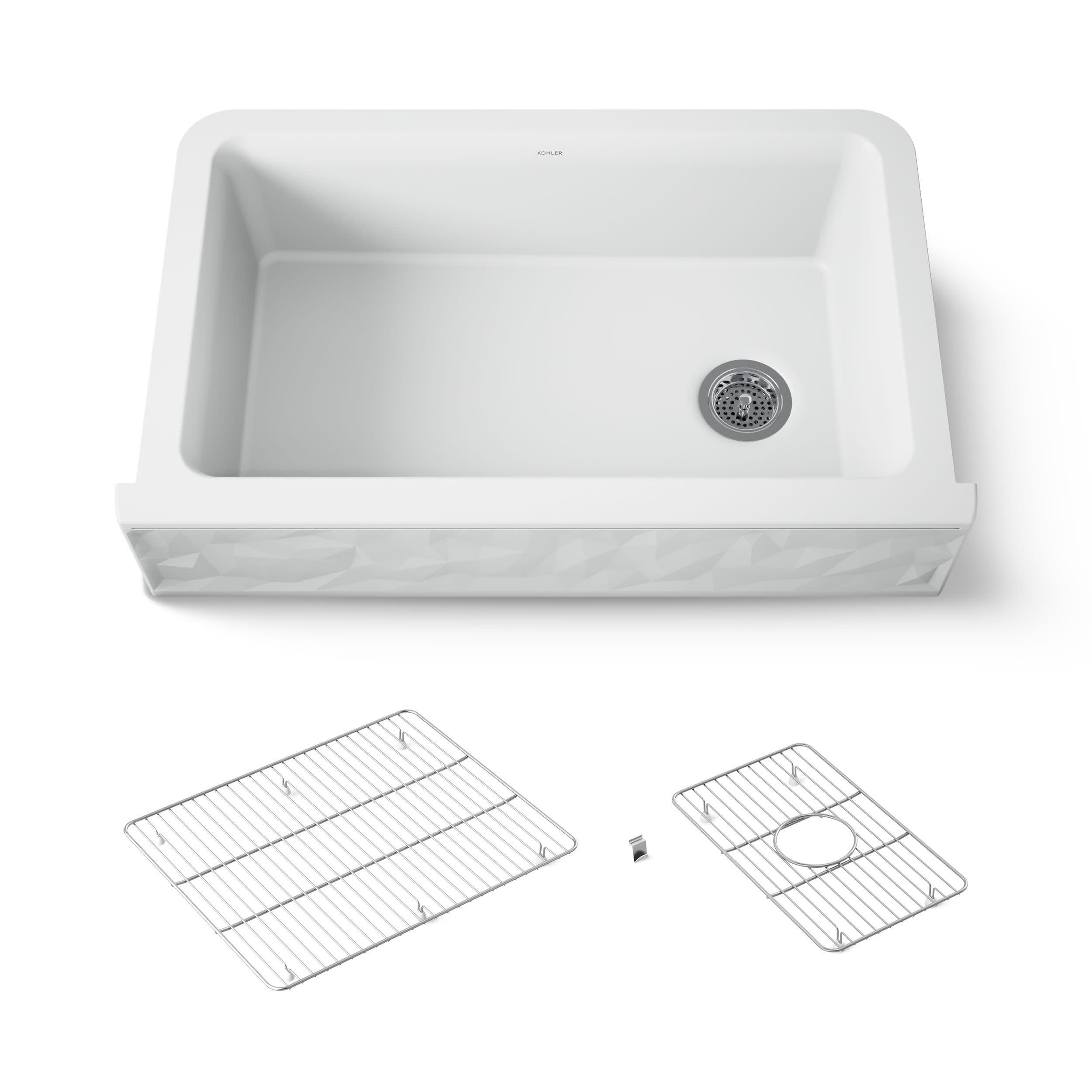 Kohler 29825-CM6 Cairn® 34" undermount single-bowl farmhouse kitchen sink with faceted design, Matte White