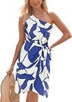 CUPSHE Women's One Shoulder Leaf Print Self-tie Short Dress Sleeveless Tiered Hem Formal Dress Casual Mini Dress