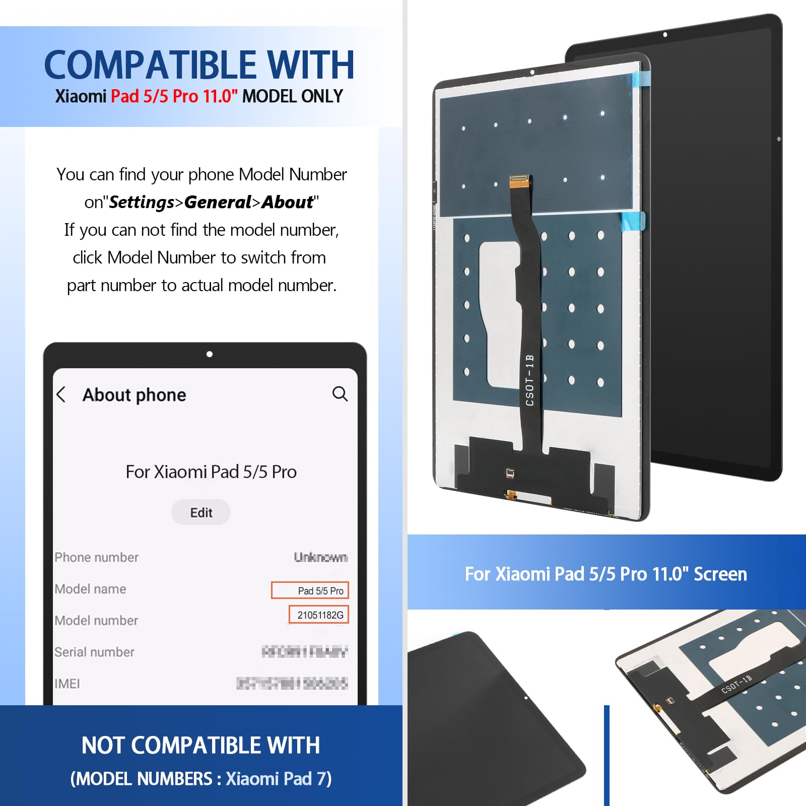 Écran LCD Tactile Xiaomi Pad 5/5 Pro 11.0" Assemblé Digitizer avec Outils de Réparation Noir